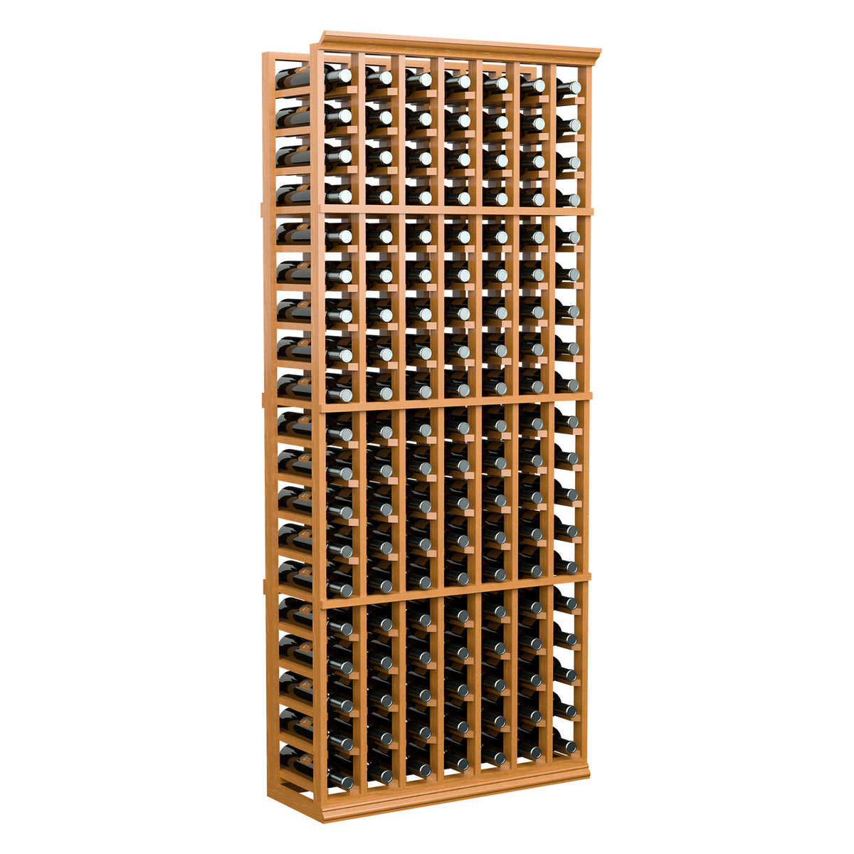 Wine bottle rack with 7 columns, pale wood frame holding wine bottles upright