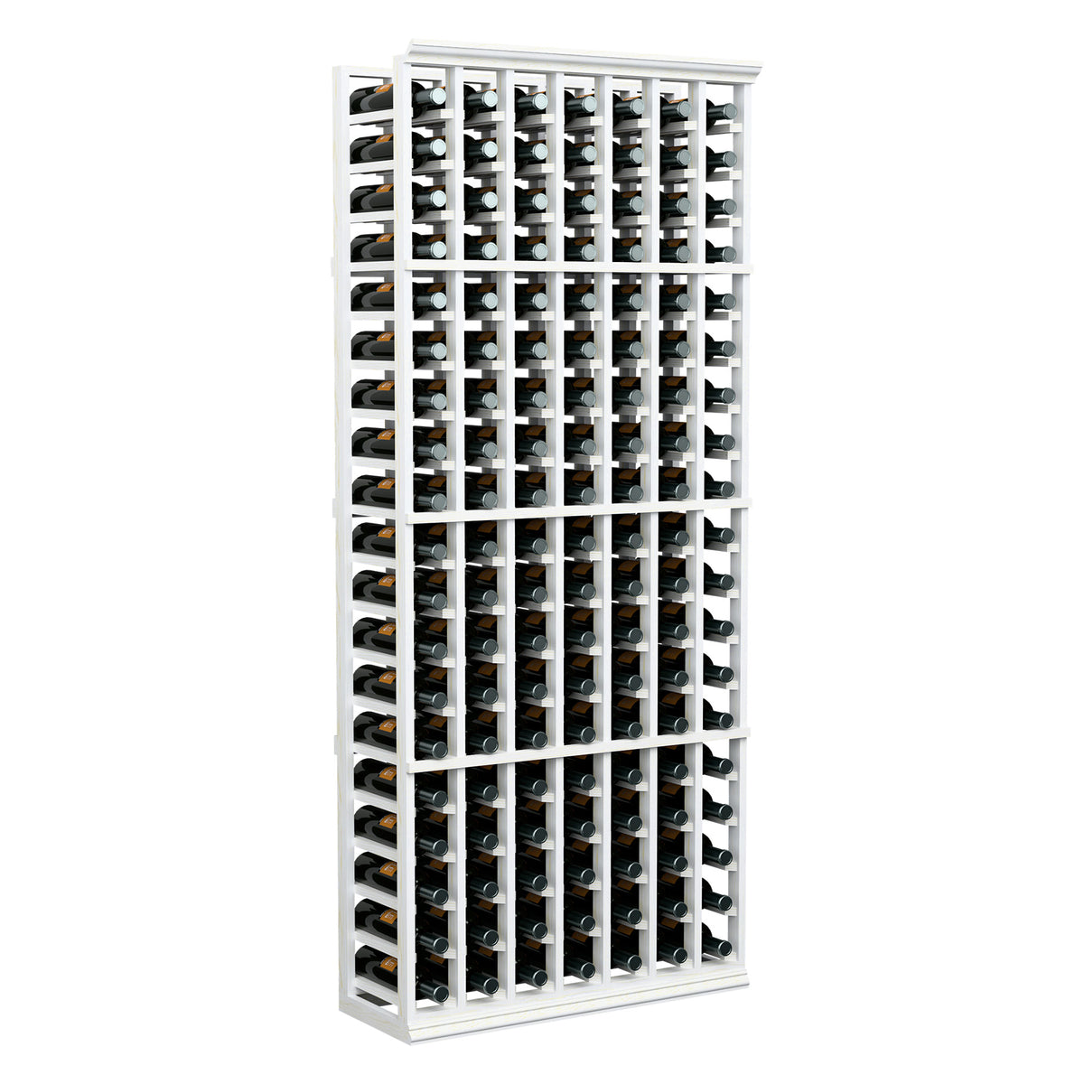 Wine bottle rack with 7 columns, white frame holding wine bottles upright