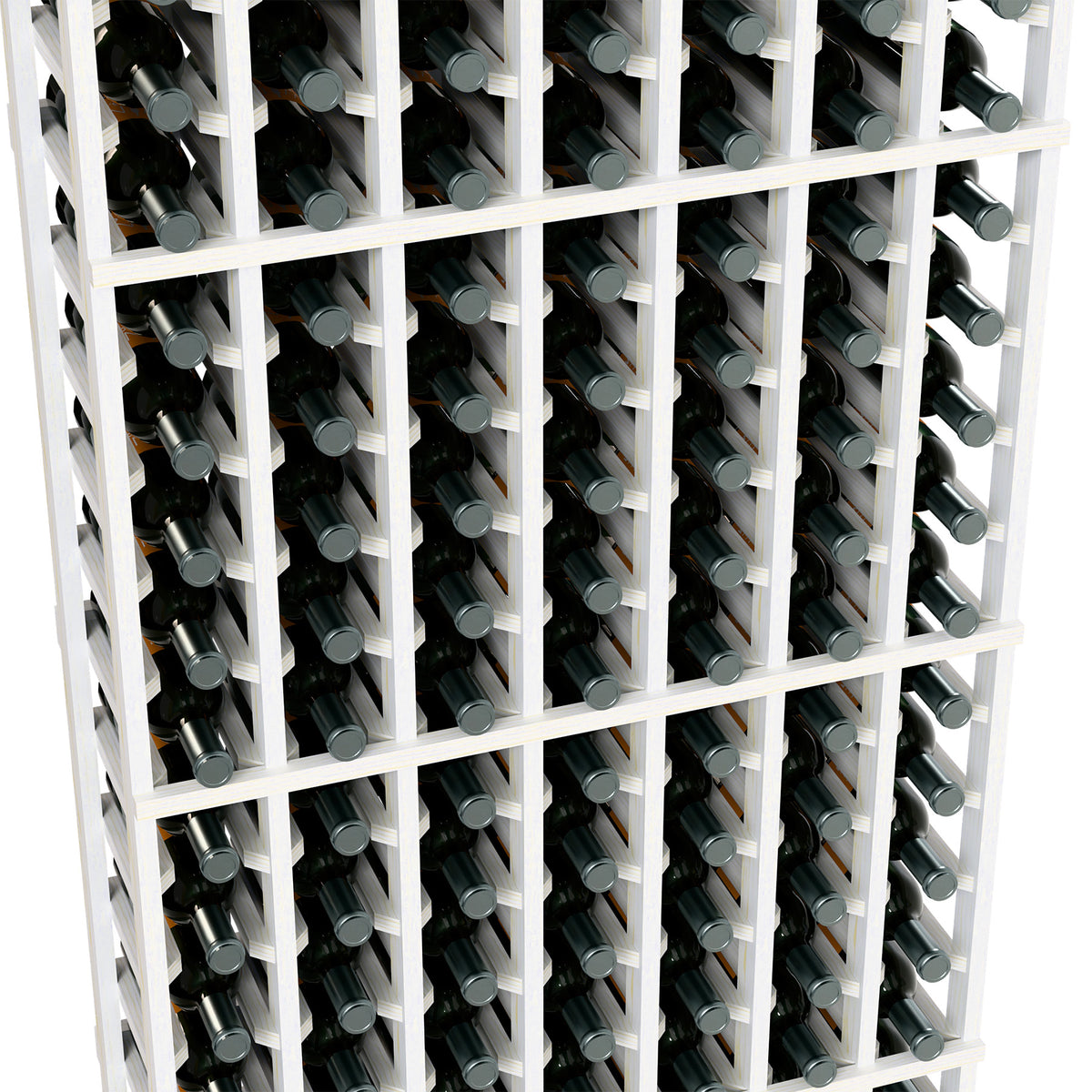 Close-up of white wine bottle rack with bottles in cubby-style grid rows