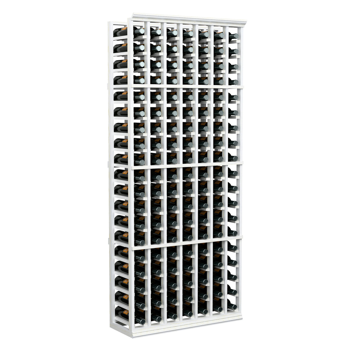 Wine bottle rack with 7 columns, white frame holding wine bottles upright