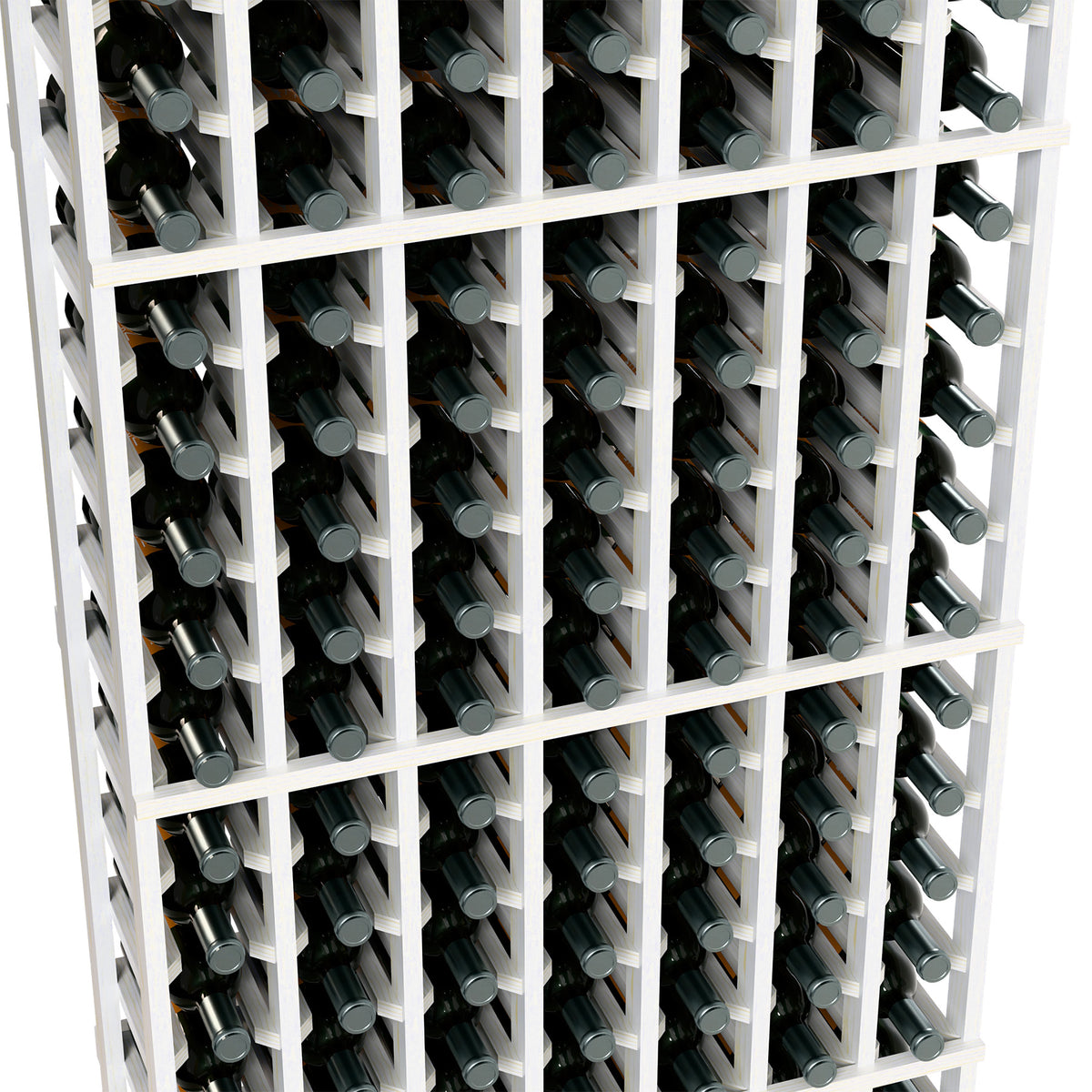 Close-up of white wine bottle rack with bottles stored in organized rows