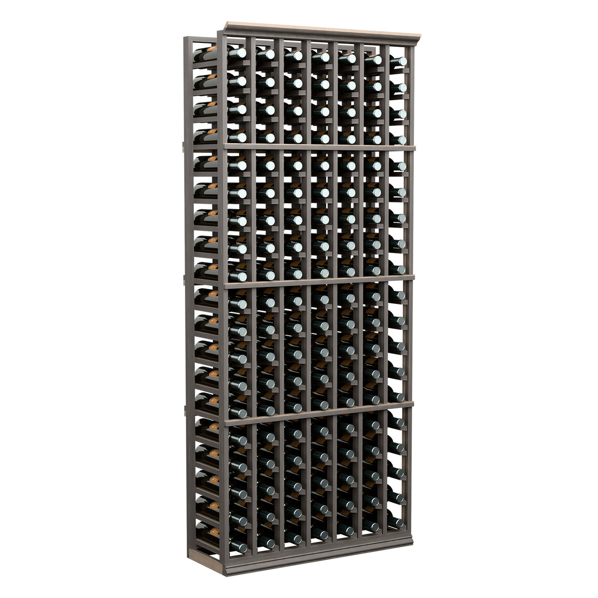 7-column wine bottle rack with dark frame, holds rows of bottles, front view