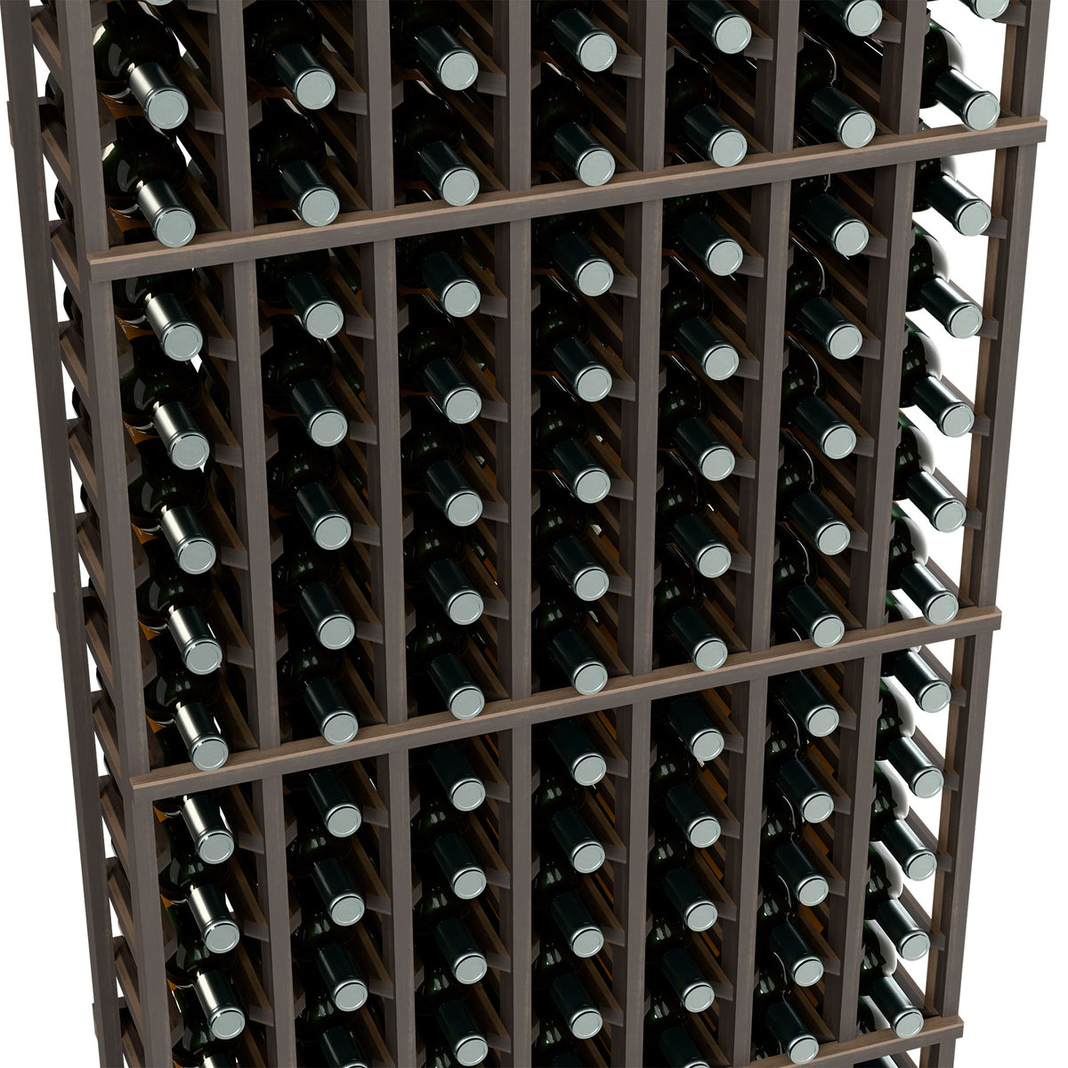 Wine bottle rack close-up with dark grid, holds bottles in angled slots