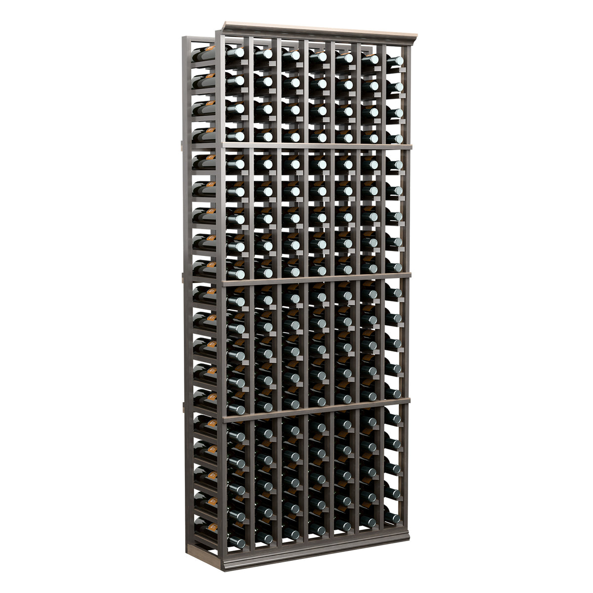 7-column wine bottle rack with dark frame, holds rows of bottles, full front view