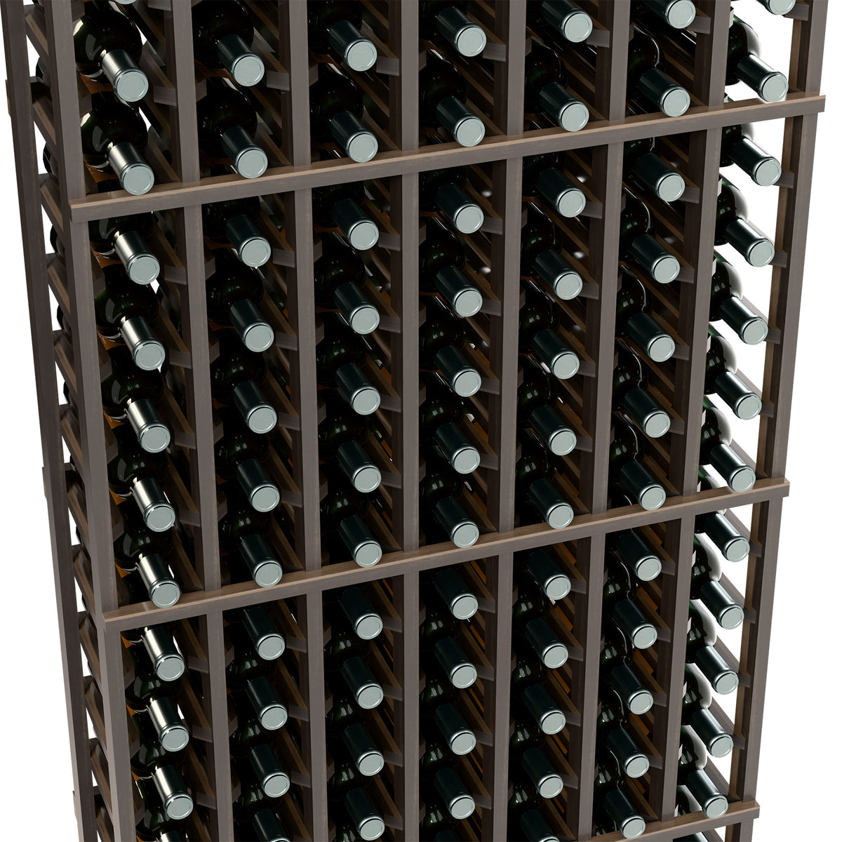 Wine bottle rack close-up with dark frame and bottle slots, angled bottle view
