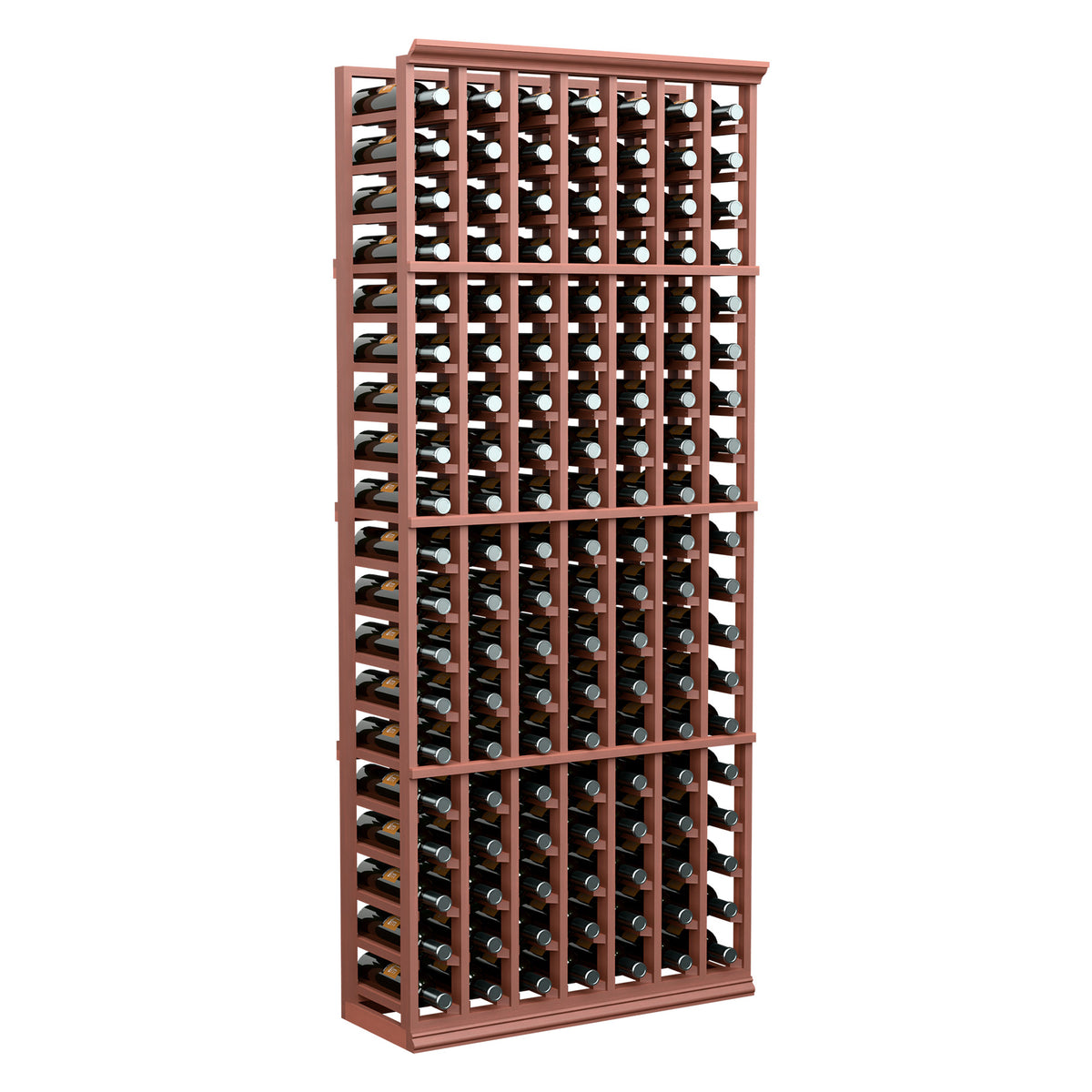 7-column wine bottle rack with reddish-brown frame, holds rows of bottles