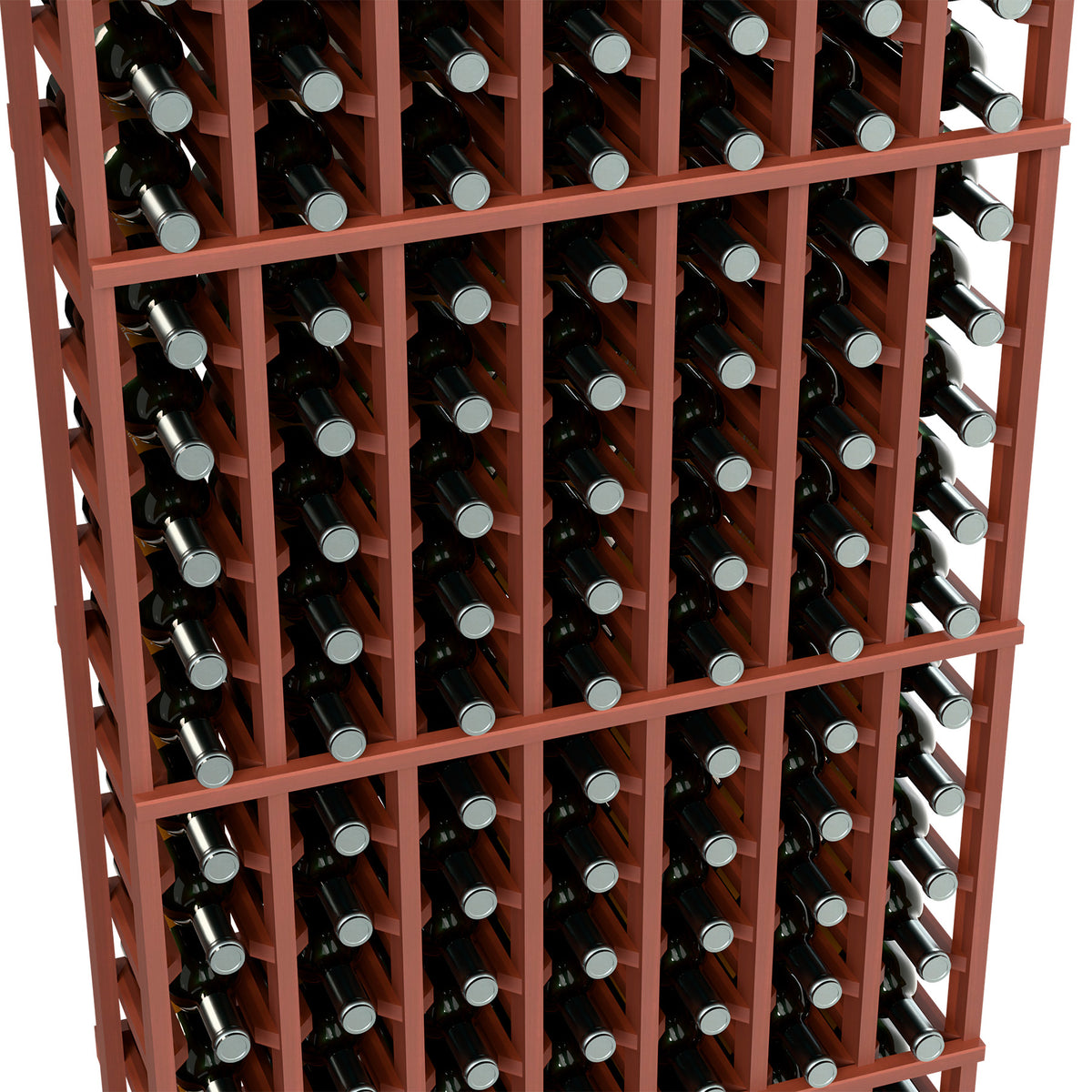 Wine bottle rack close-up with reddish-brown frame, bottles stored in angled slots