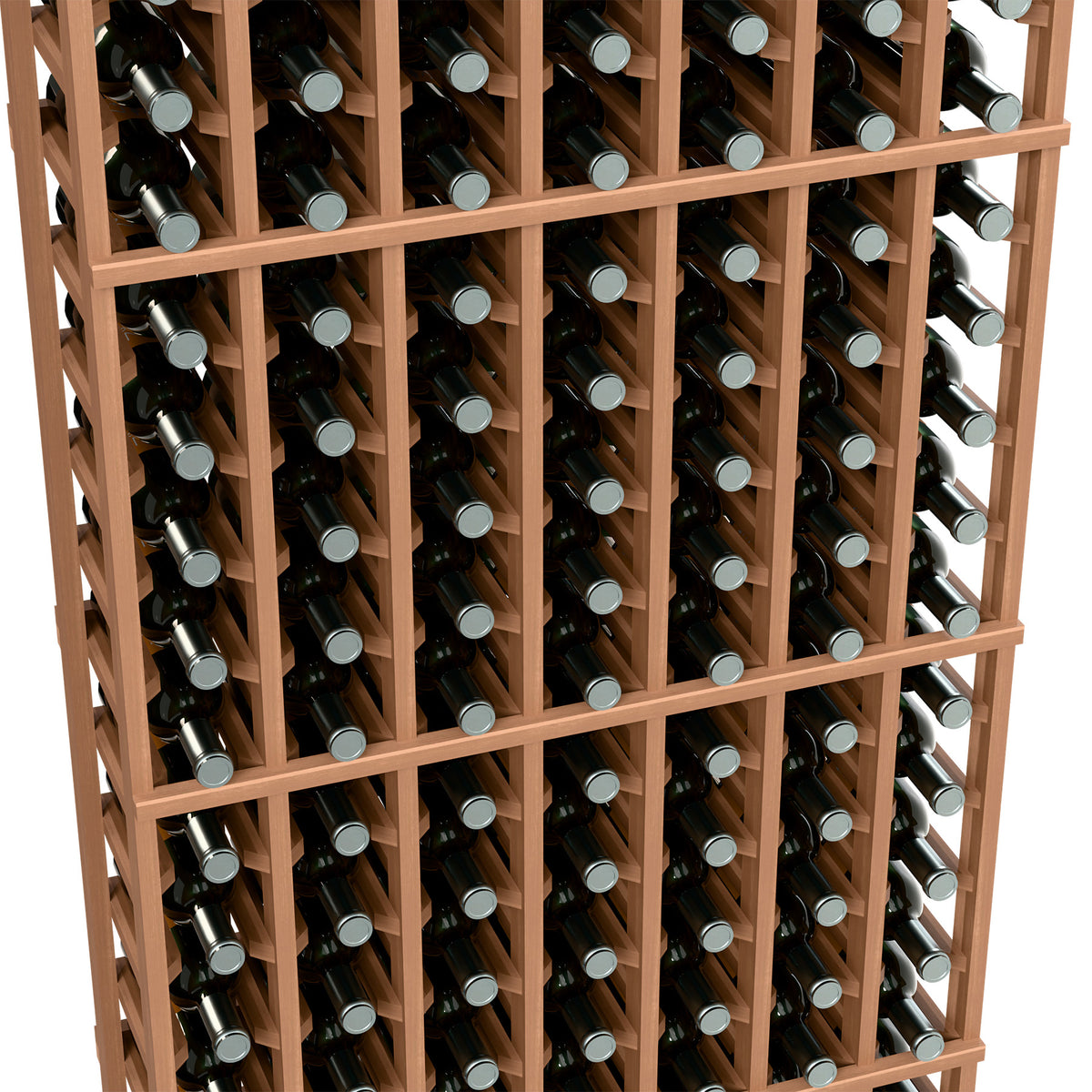 Wine bottle rack close-up with light wood frame, bottles held in angled slots