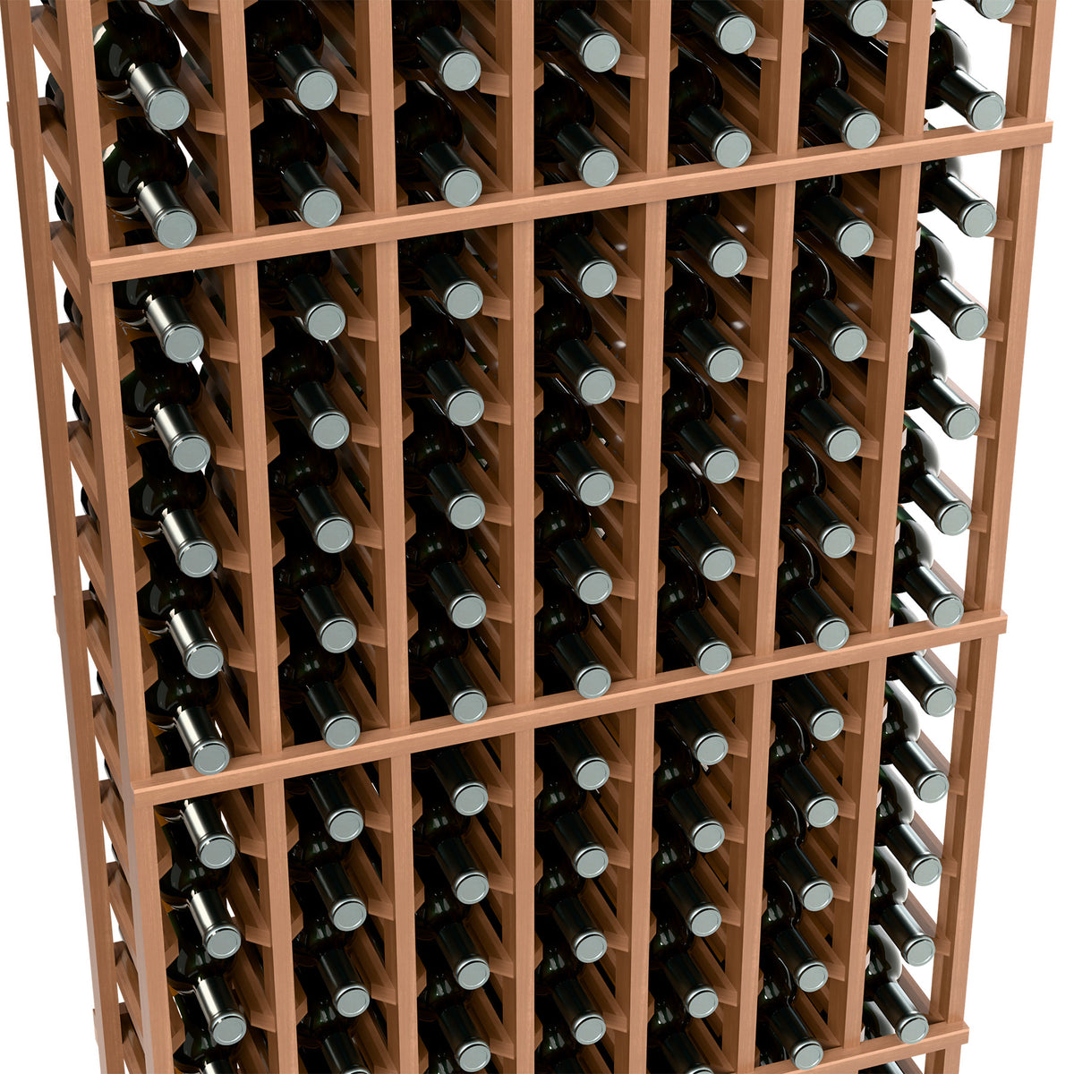 Light wood 7-column wine bottle rack close-up with bottles in individual slots