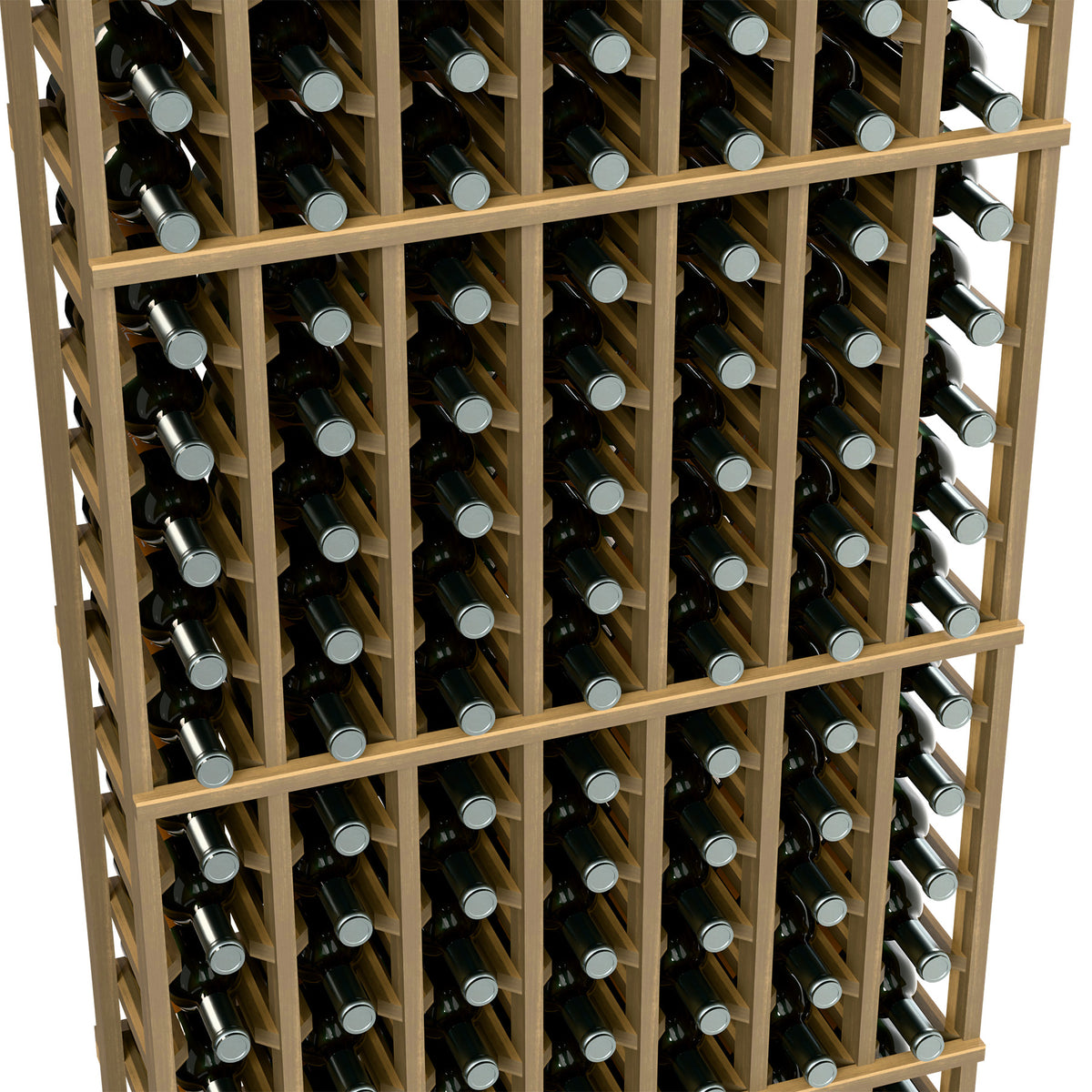 Close-up of light wood 7-column wine bottle rack with bottle necks facing forward