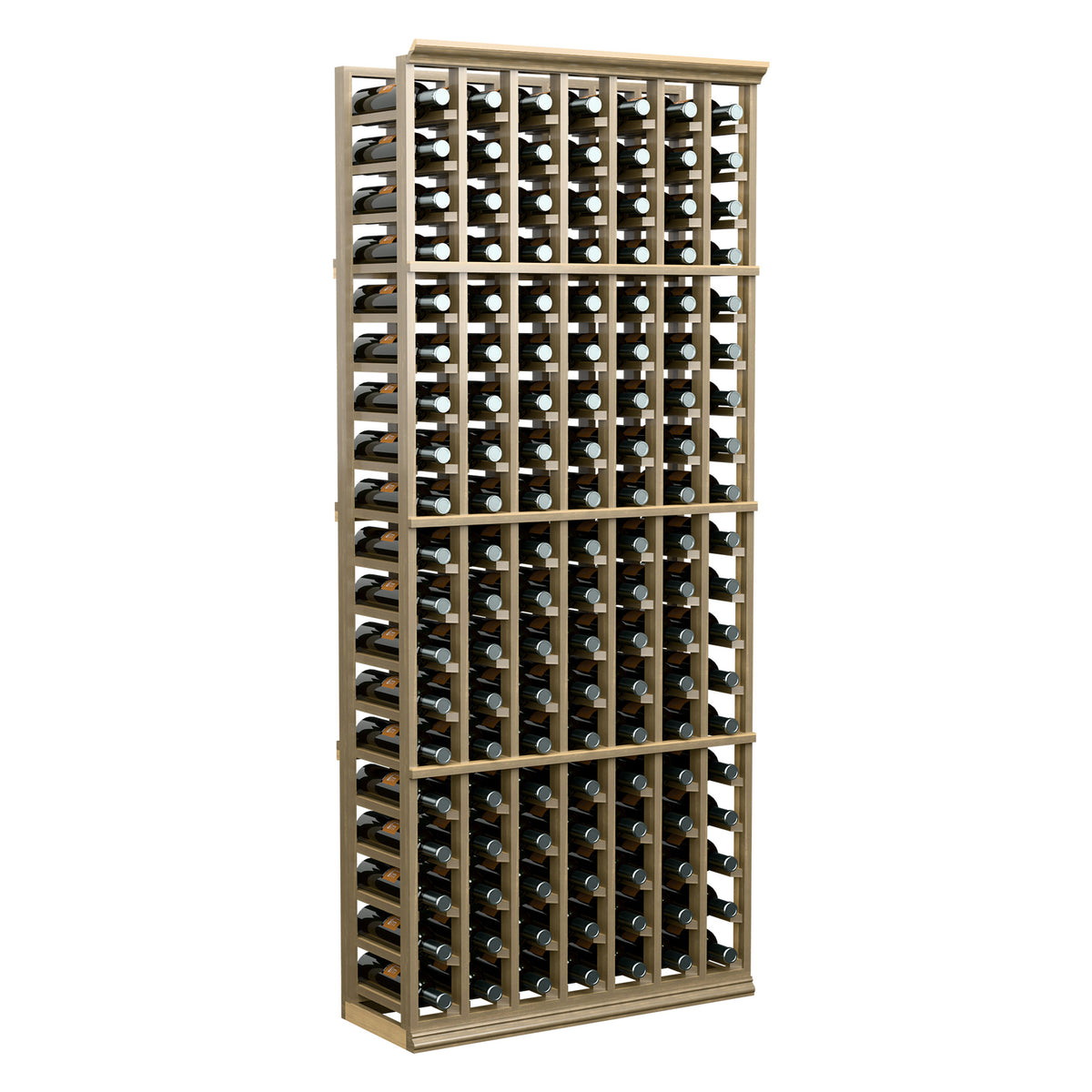 7-column wine bottle rack with light wood frame and rows of bottle openings