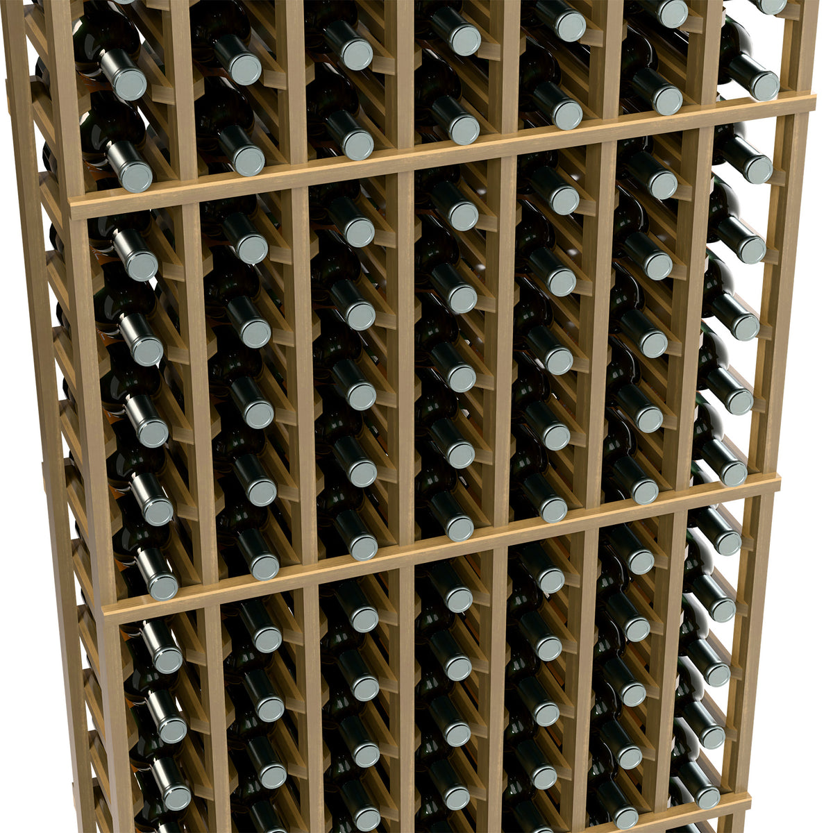 Light wood 7-column wine bottle rack close-up showing multiple bottle positions