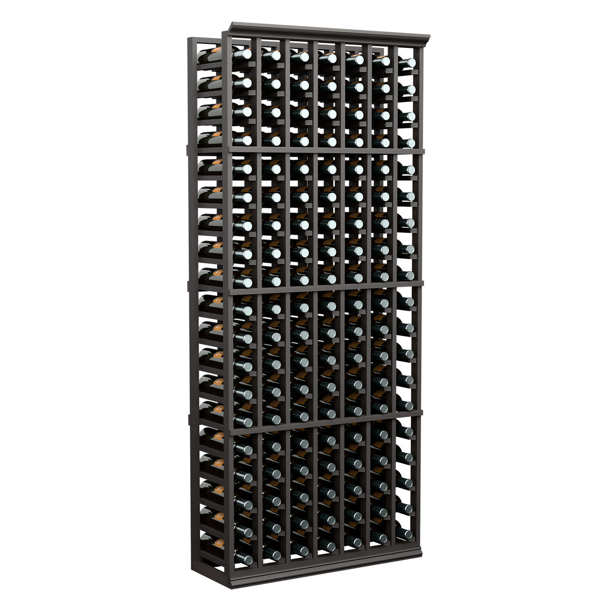 7-column wine bottle rack with dark frame, tall structure and bottle slots