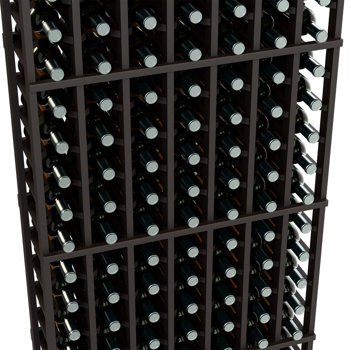 Dark wine bottle rack close-up showing bottles in 7 columns within square slots