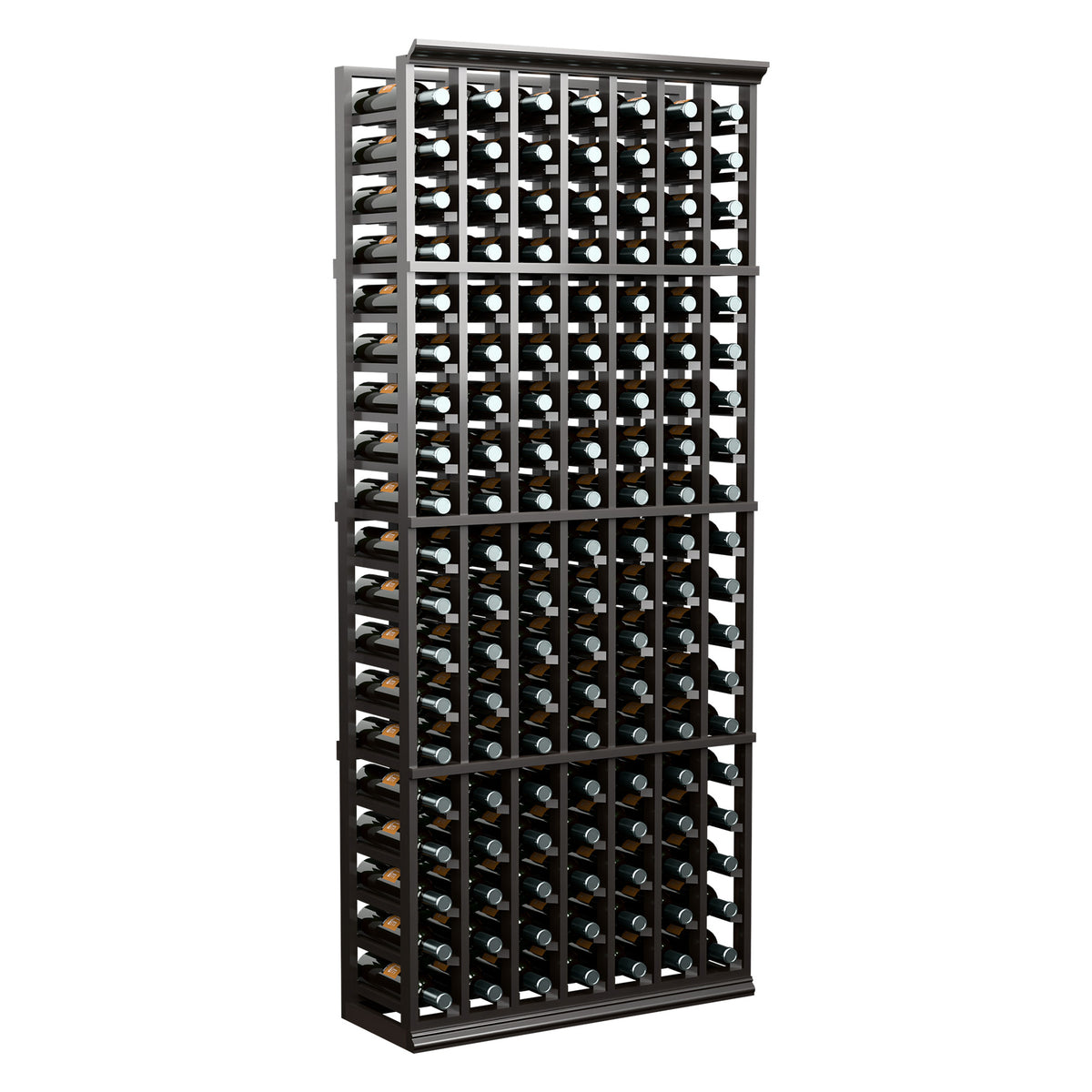 Dark 7-column wine bottle rack with dense rows of bottle openings