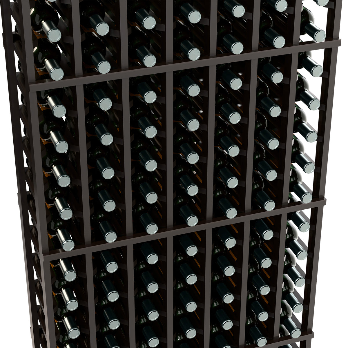 Close-up of dark 7-column wine bottle rack with bottles neatly arranged in rows