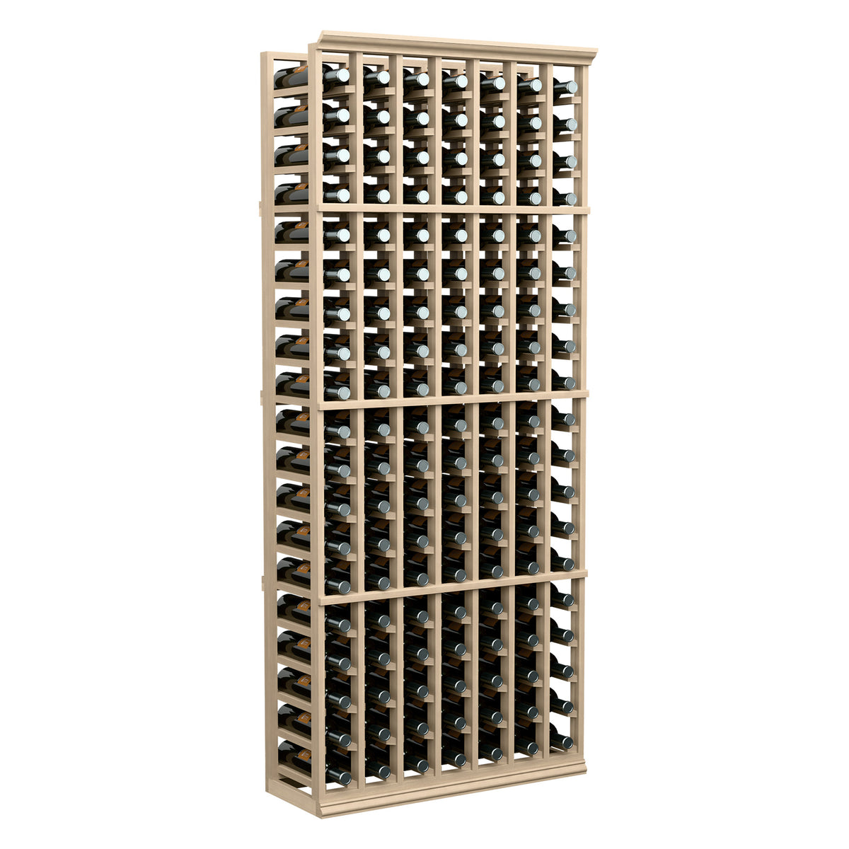 Light wood 7-column wine bottle rack with arched bottle slots, 6 ft tall.