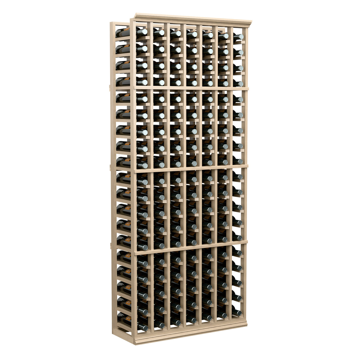 Light wood 7-column wine bottle rack with arched openings for bottles, 6 ft tall.