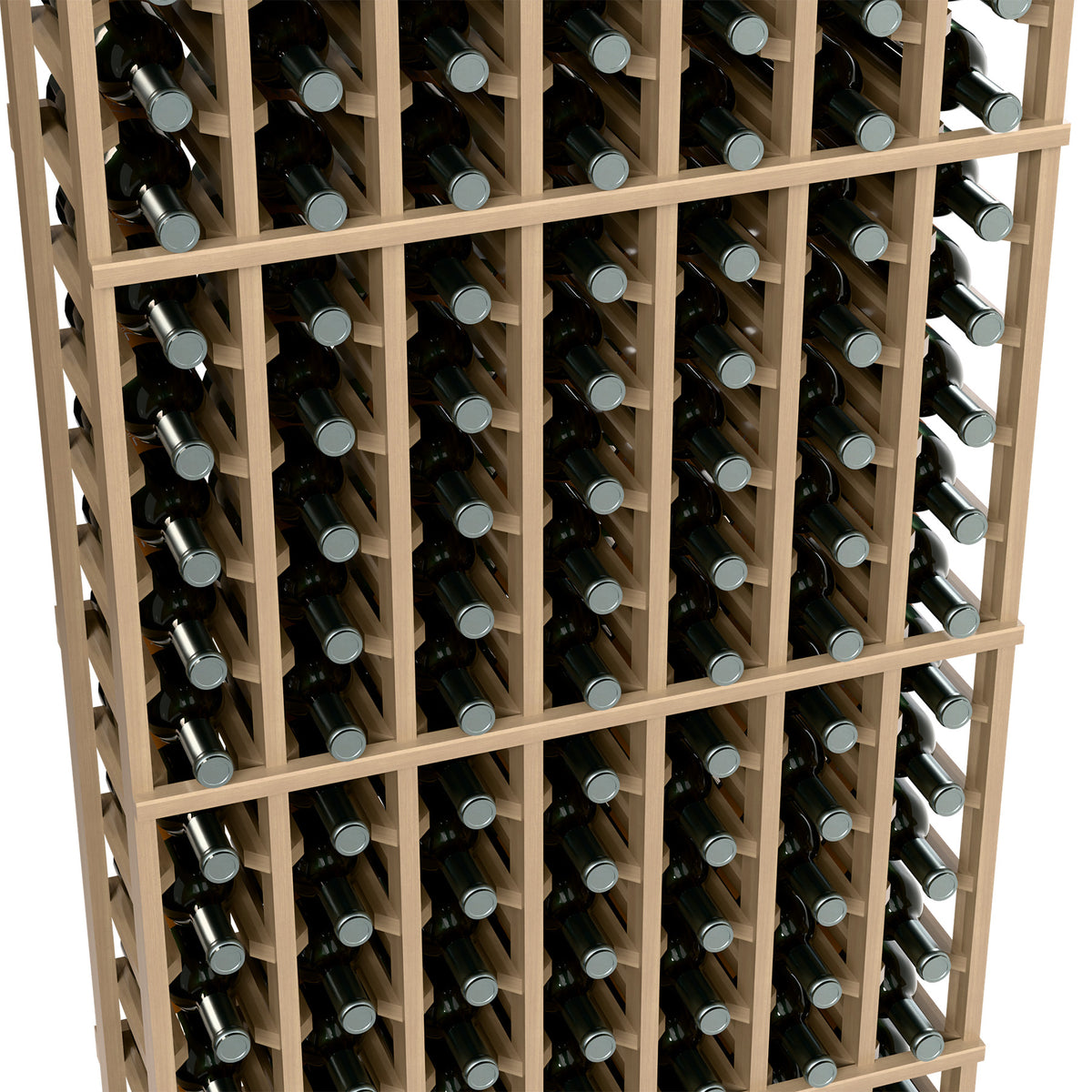 Close-up view of light wood wine rack with bottle slots arranged in 7 columns.