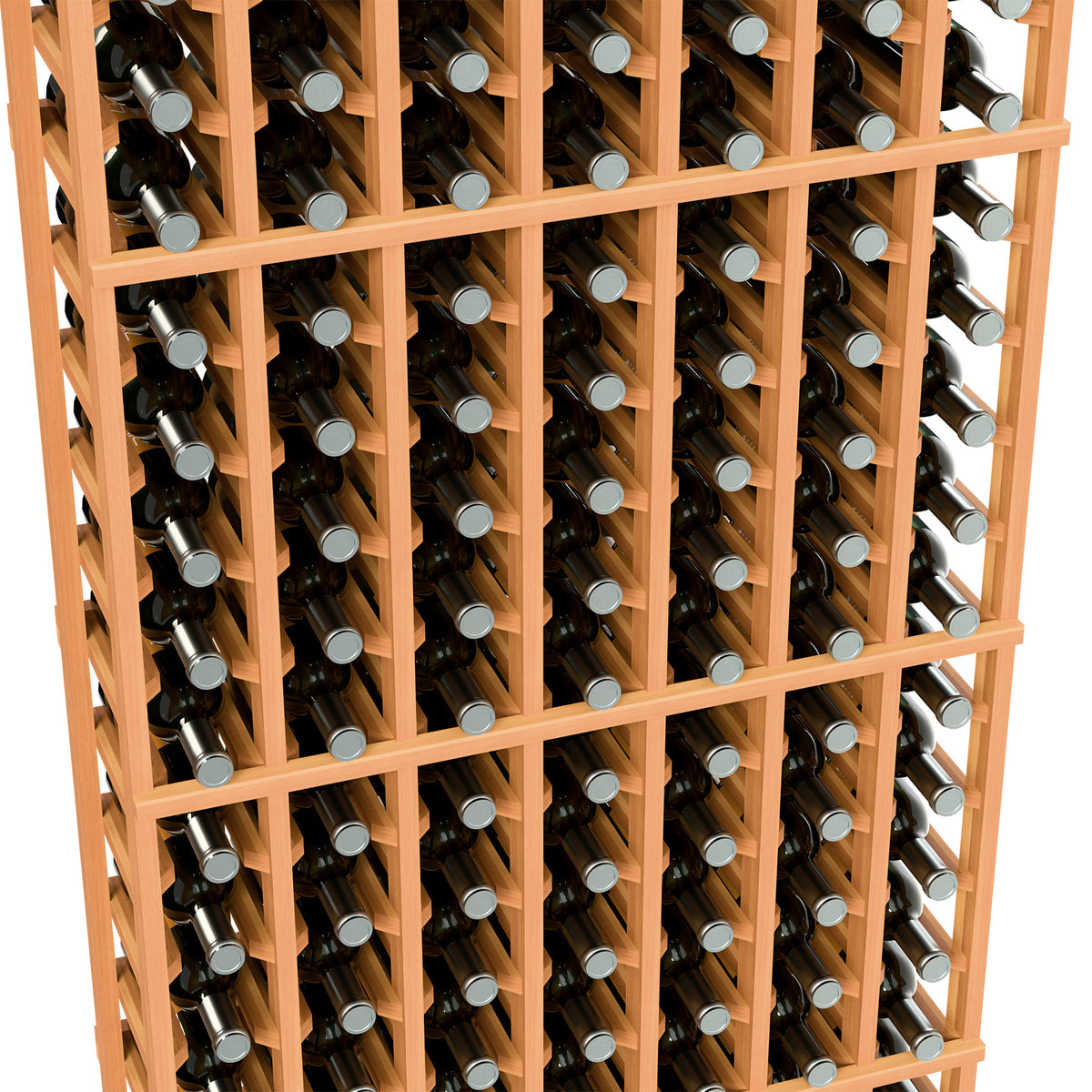 Close-up of reddish wood wine bottle rack with bottles stored in 7 arched columns.