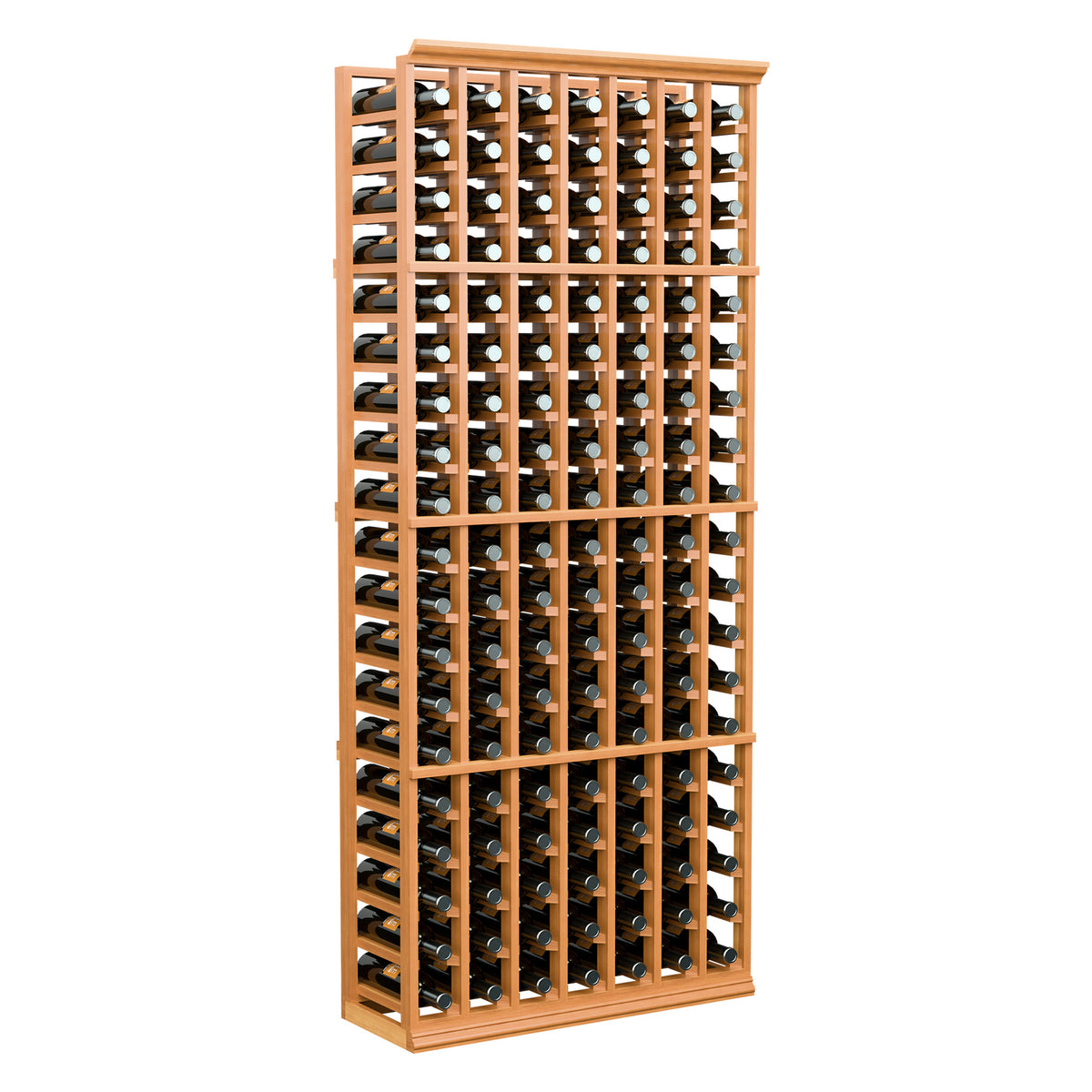 Reddish wood 7-column wine bottle rack with arched bottle slots, 6 ft tall.