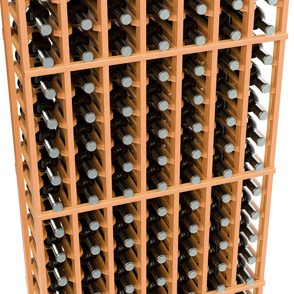 Close-up of reddish wood wine rack showing bottles seated in 7 columns with arched slots.