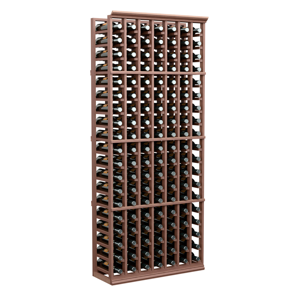 Brown wood 7-column wine bottle rack with arched bottle openings, 6 ft tall.