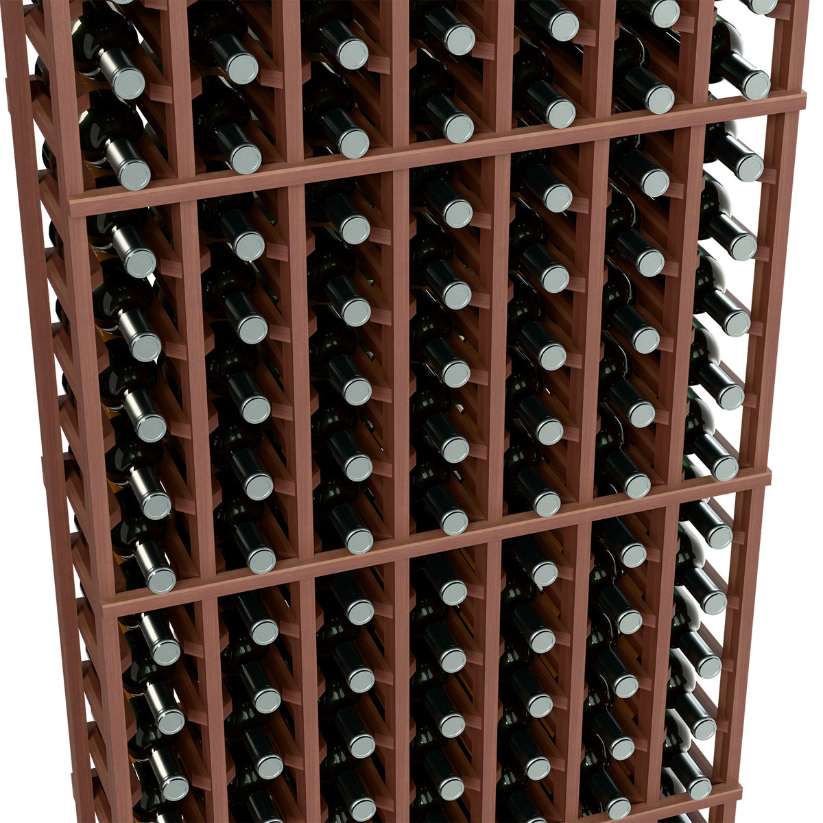 Close-up of brown wood wine bottle rack with bottles arranged in 7 columns of arched slots.