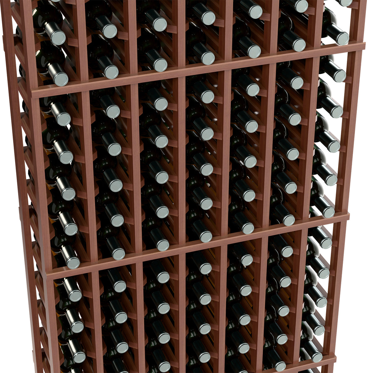 Close-up of dark wood wine bottle rack showing rows of bottles in square slots