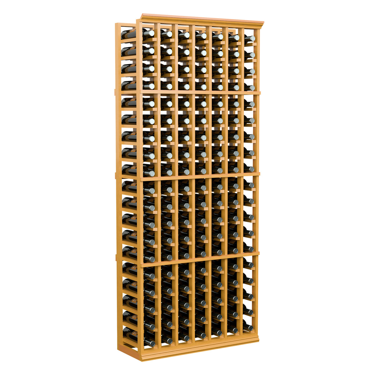 Light wood 7-column wine bottle rack, 6 ft, with long bottle slots and dividers