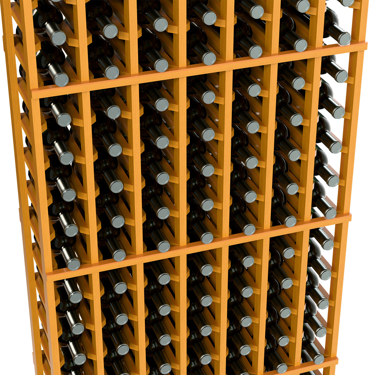 Close-up of light wood wine bottle rack showing rows of bottles in square slots