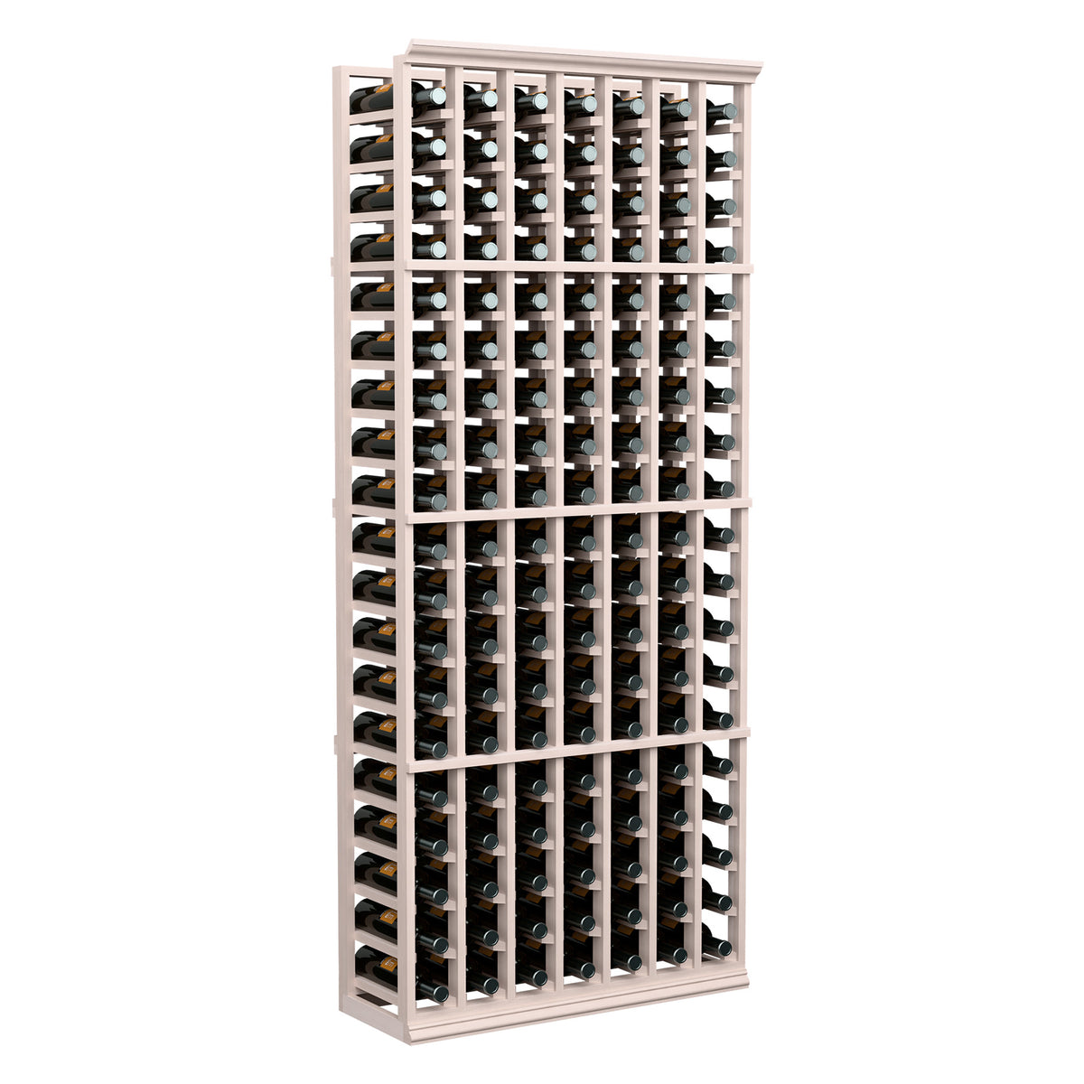 White 7-column wine bottle rack, 6 ft, with long bottle slots and dividers