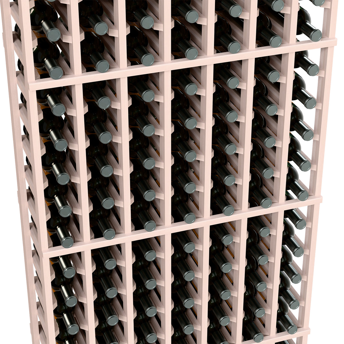 Close-up of white wine bottle rack showing rows of bottles in square slots