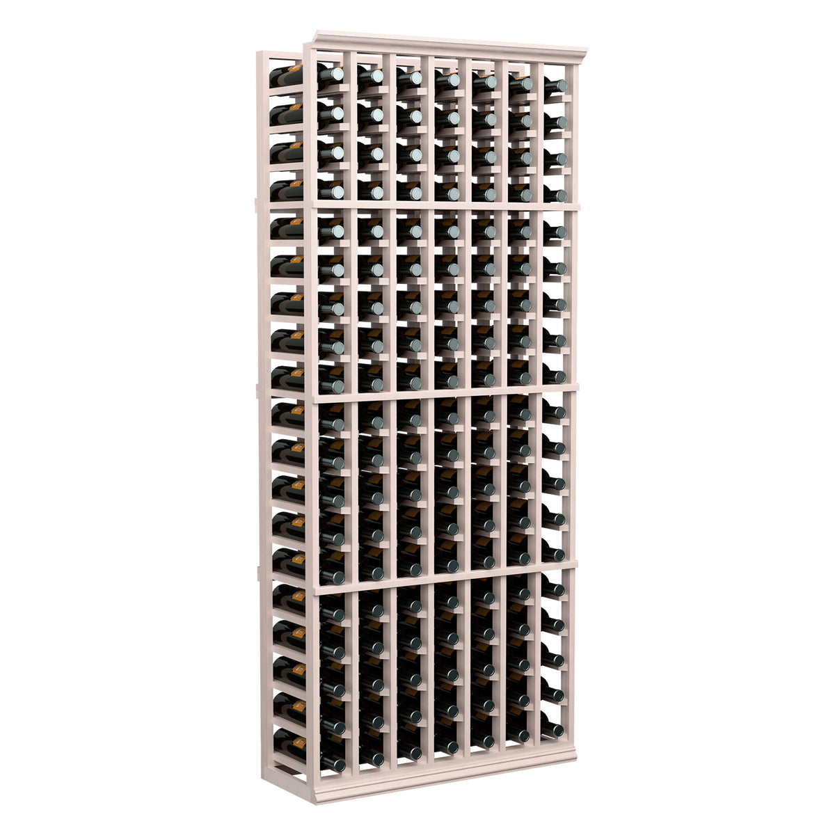 White 7-column wine bottle rack, 6 ft, with long bottle slots and dividers