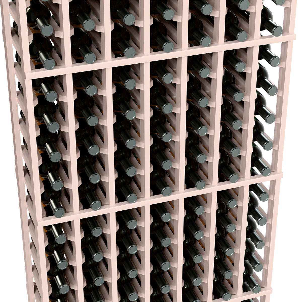 Close-up of white wine bottle rack showing rows of bottles in square slots