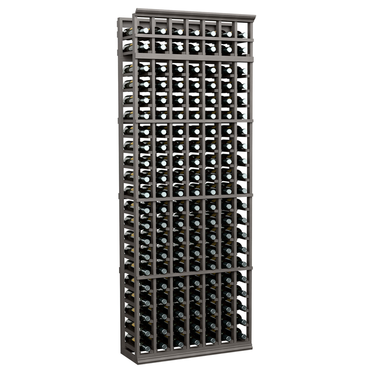 7-column 7ft wine rack with dark frame, holding assorted bottles