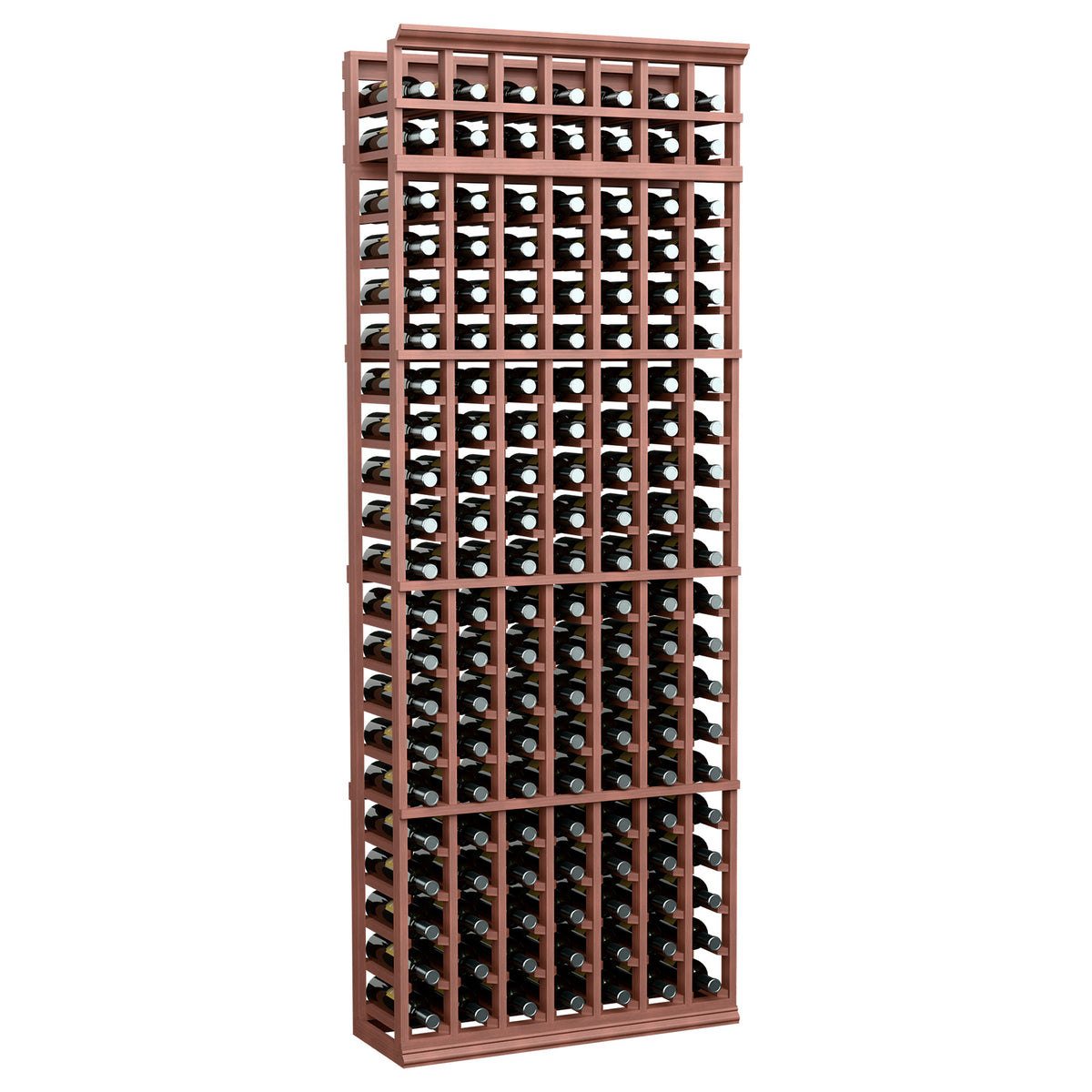 7-column 7ft wine rack with reddish wood frame, holding assorted bottles