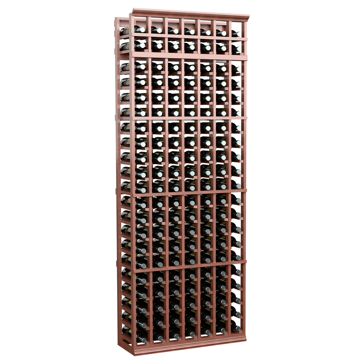 7-column 7ft wine rack with reddish wood frame, arranged wine bottle grid