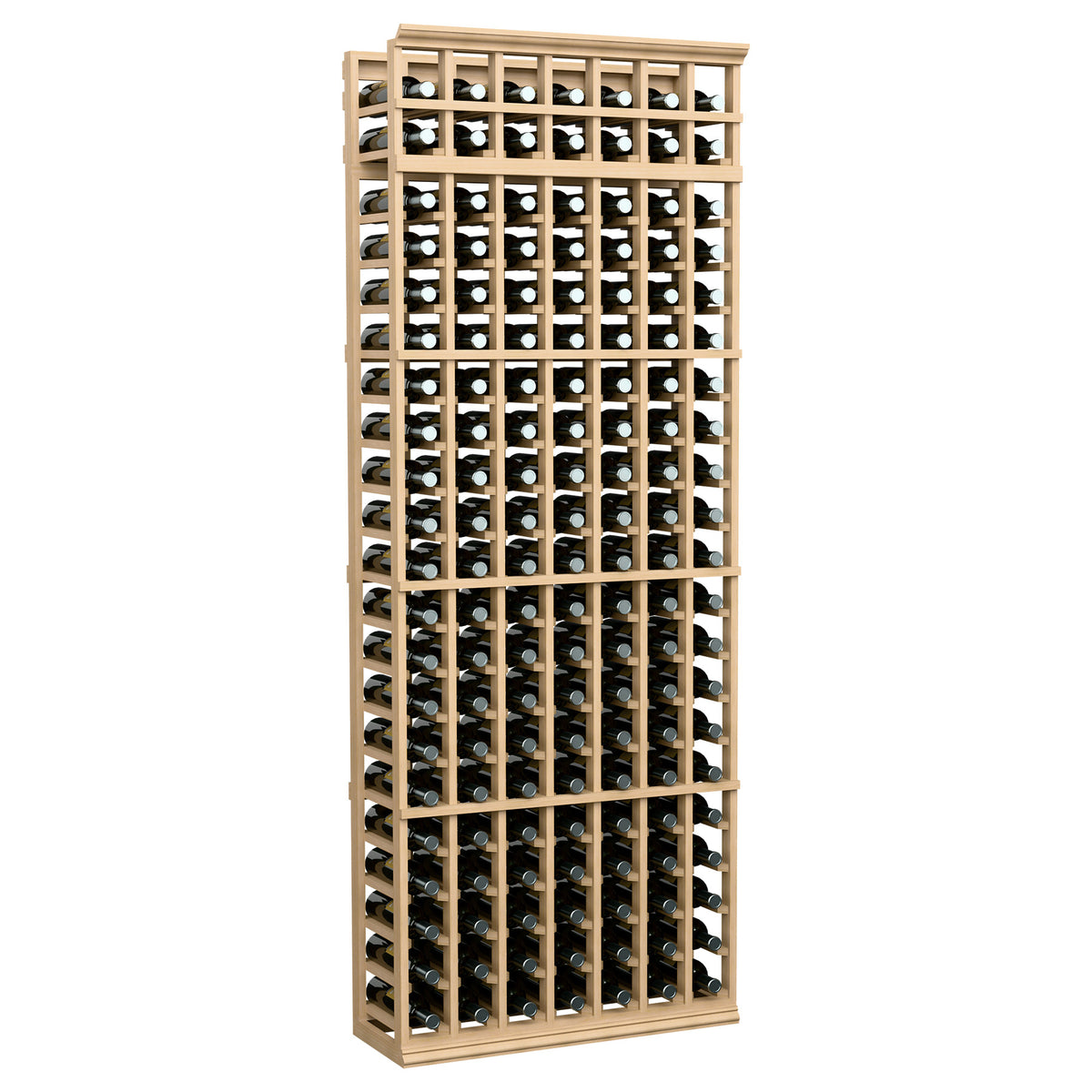 7-column 7ft wine rack with light wood frame, holding assorted bottles
