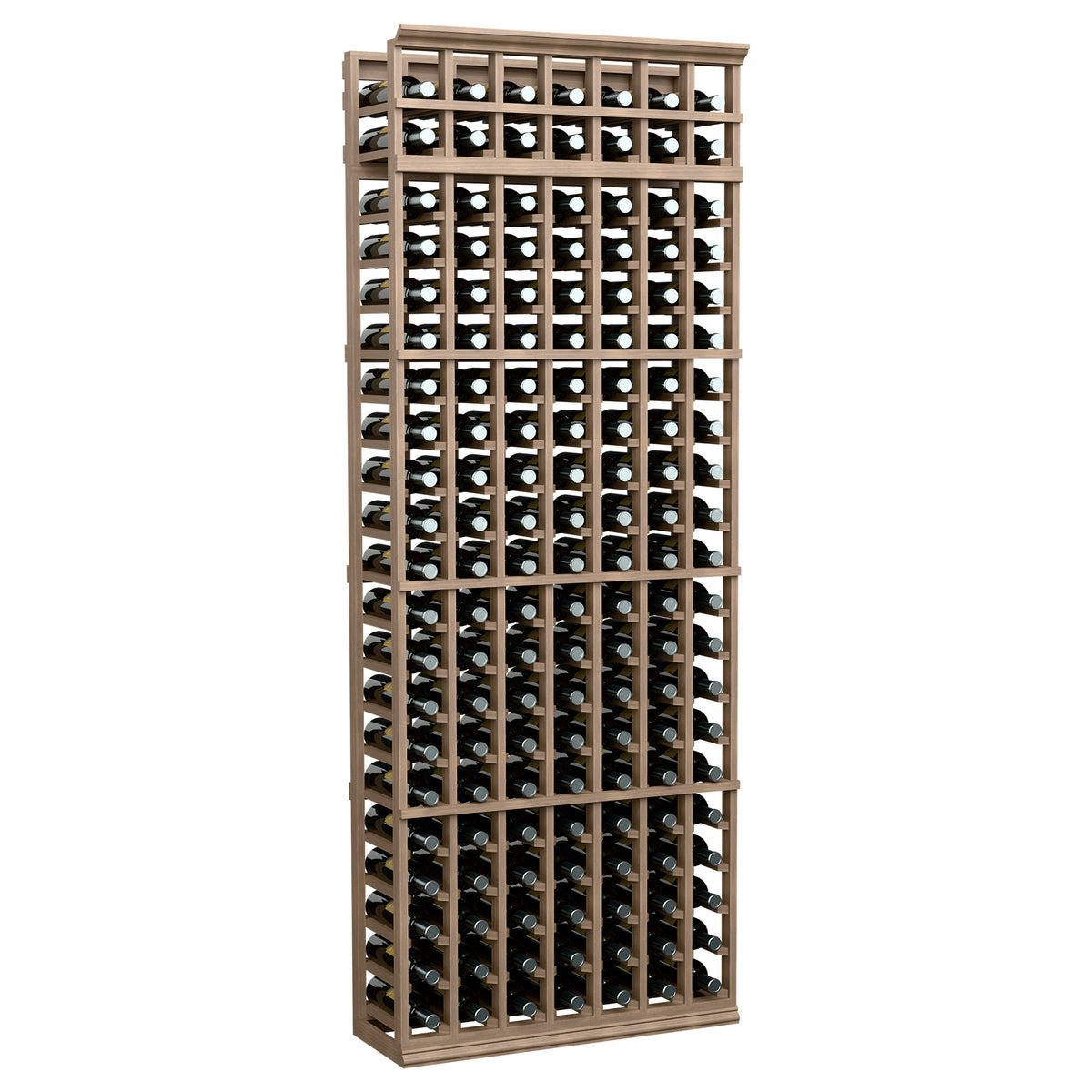 7-column 7ft wine rack with medium wood frame, holding assorted bottles
