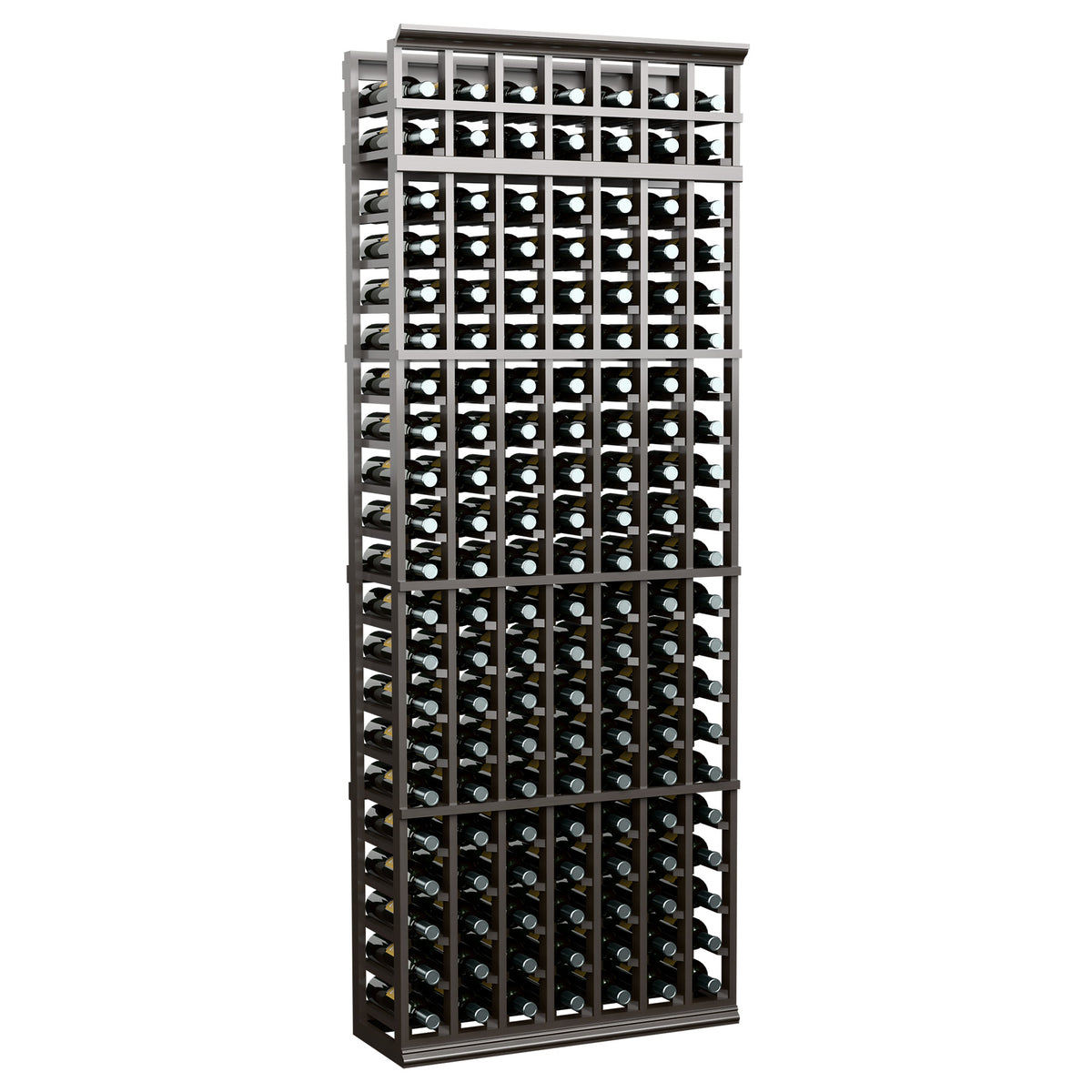 7-column 7ft wine rack with dark frame, front view with wine bottles
