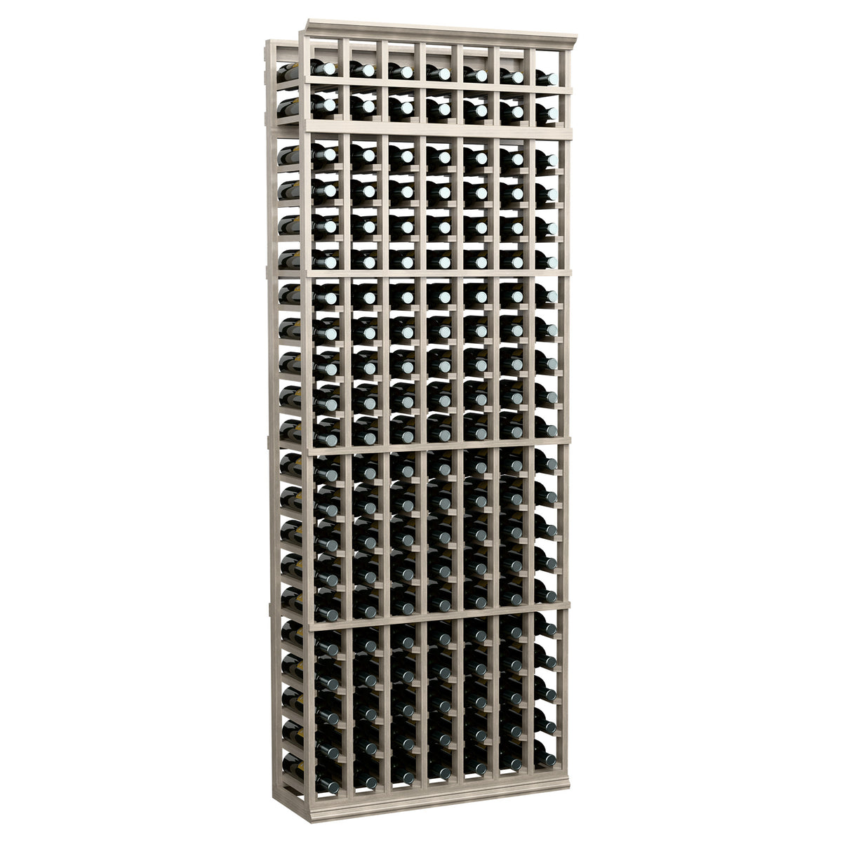 7-column wine bottle rack, white-washed wood finish, open bottle slots with cradles