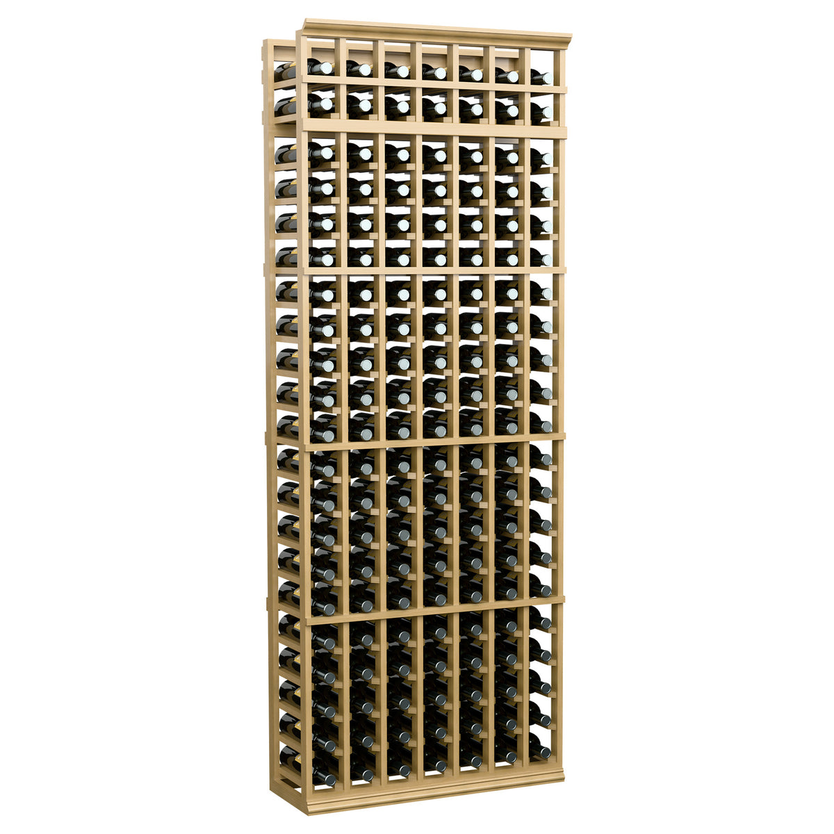 7-column wine bottle rack, light wood finish, bottle slots arranged in 7 columns