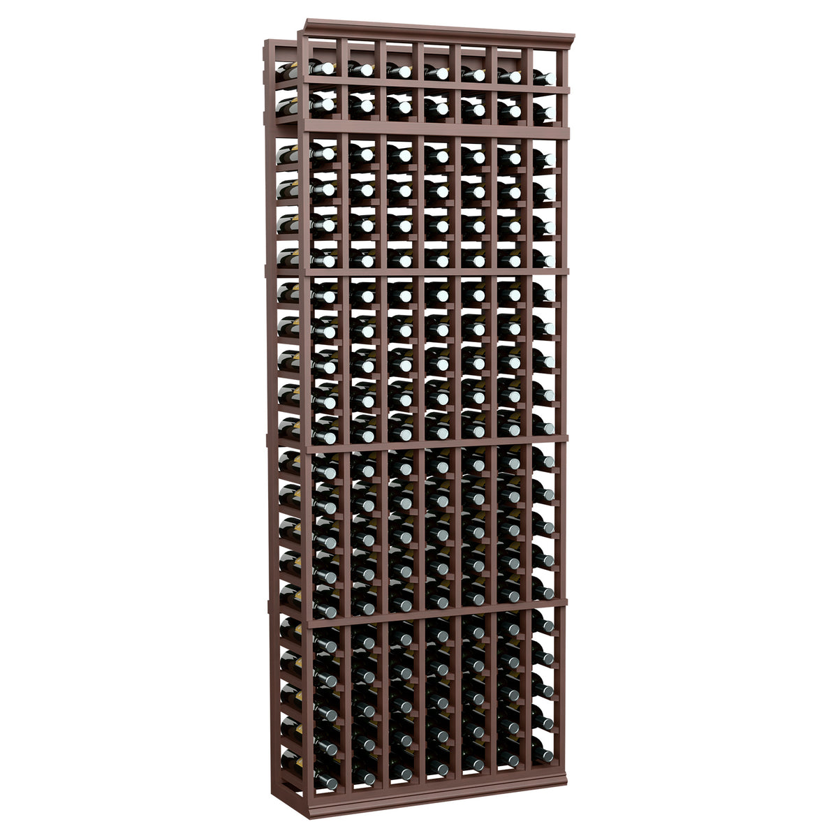 7-column wine bottle rack, dark wood finish, holds bottles in front square grid