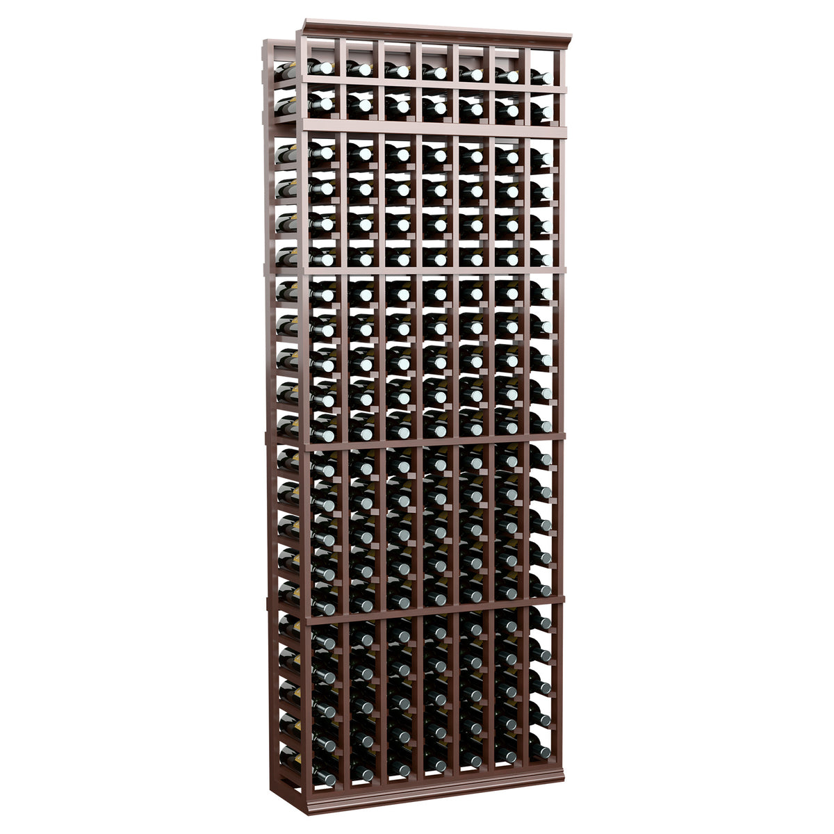 7-column wine bottle rack, dark wood finish, open bottle cradles in 7 columns