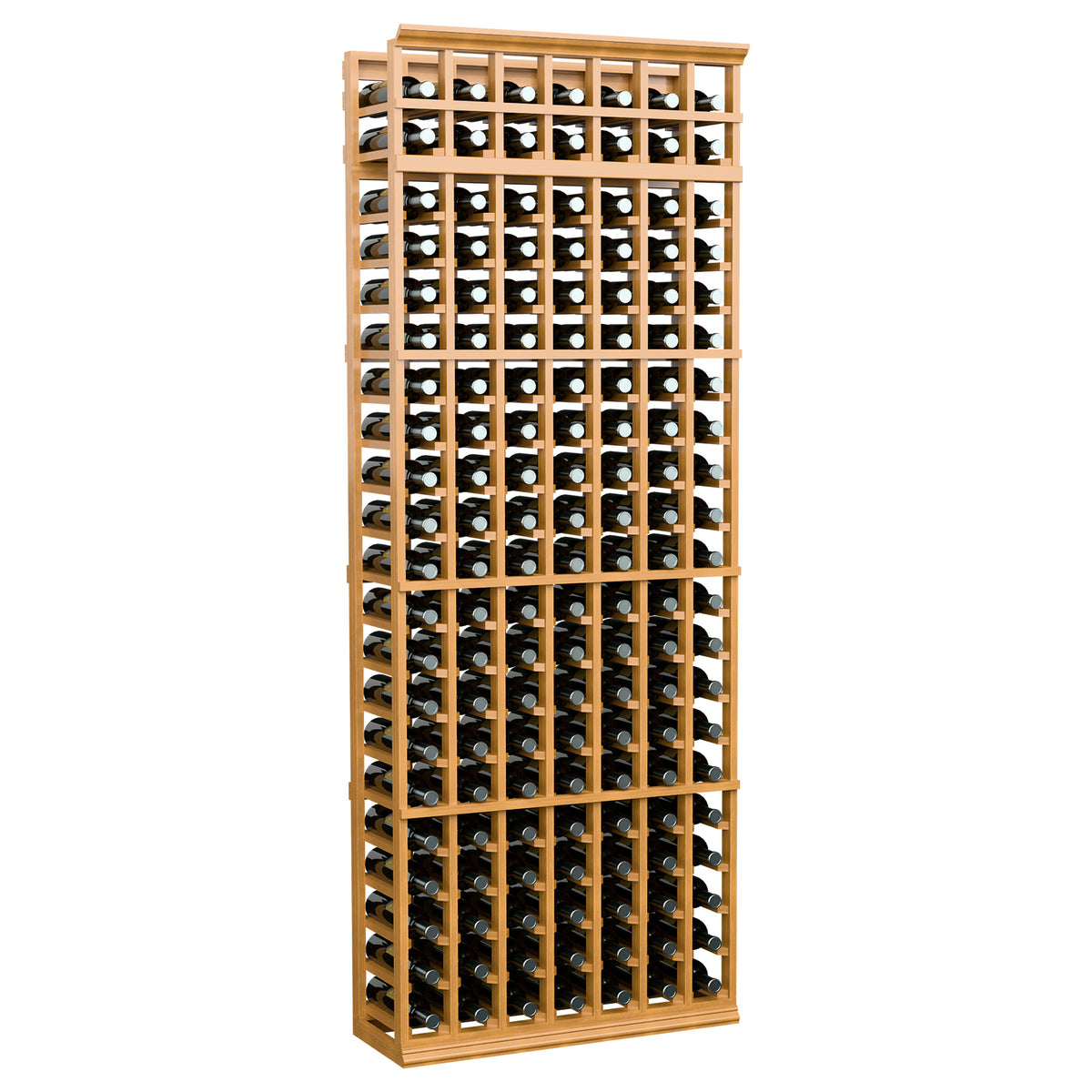 7-column wine bottle rack, natural light wood finish, bottle slots with grid supports