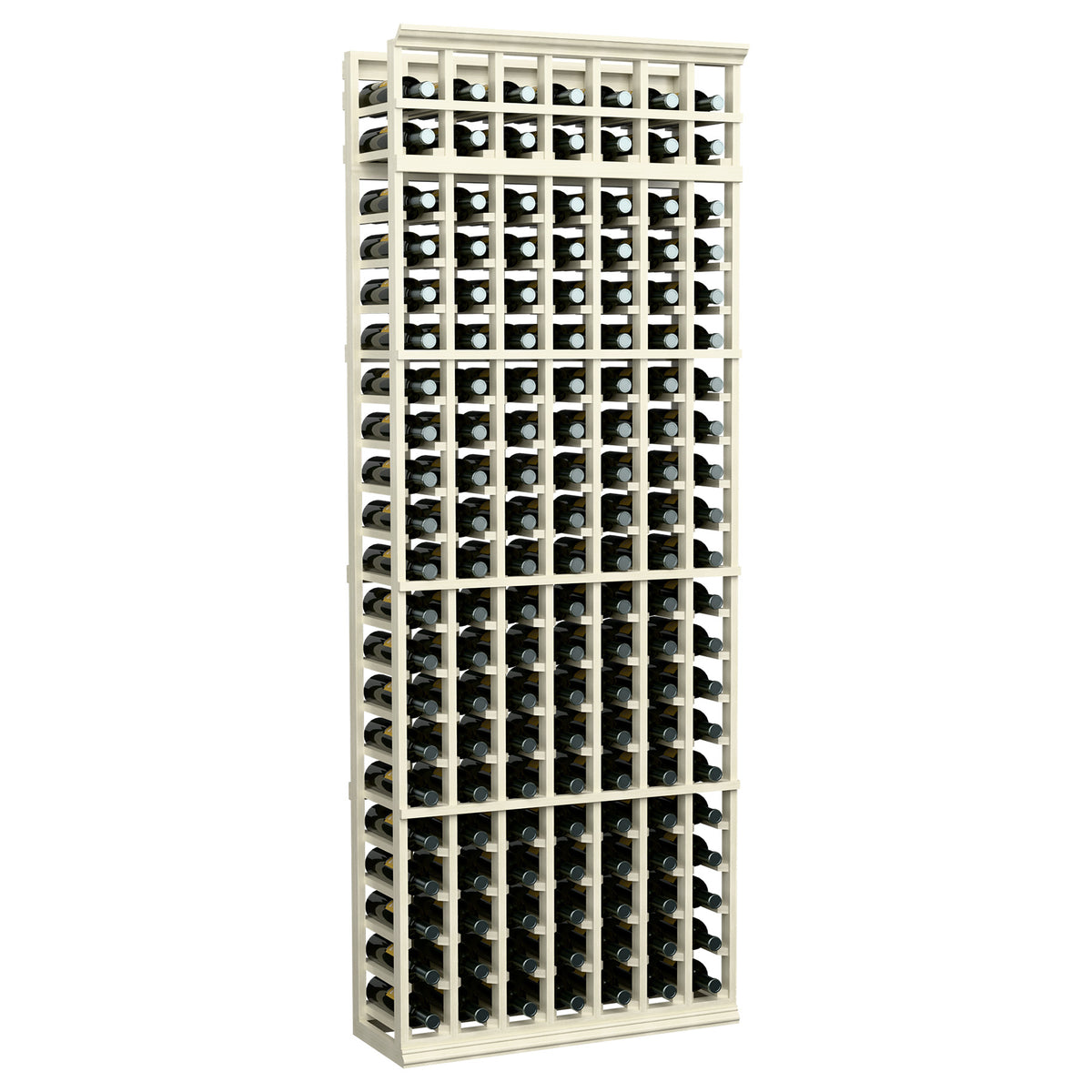 7-column wine bottle rack, white-washed wood finish, front grid with bottle openings