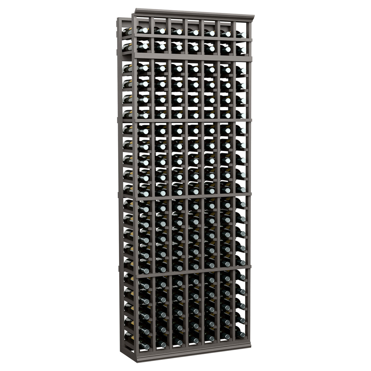7-foot wine bottle rack with dark wood frame and grid bottle cubbies