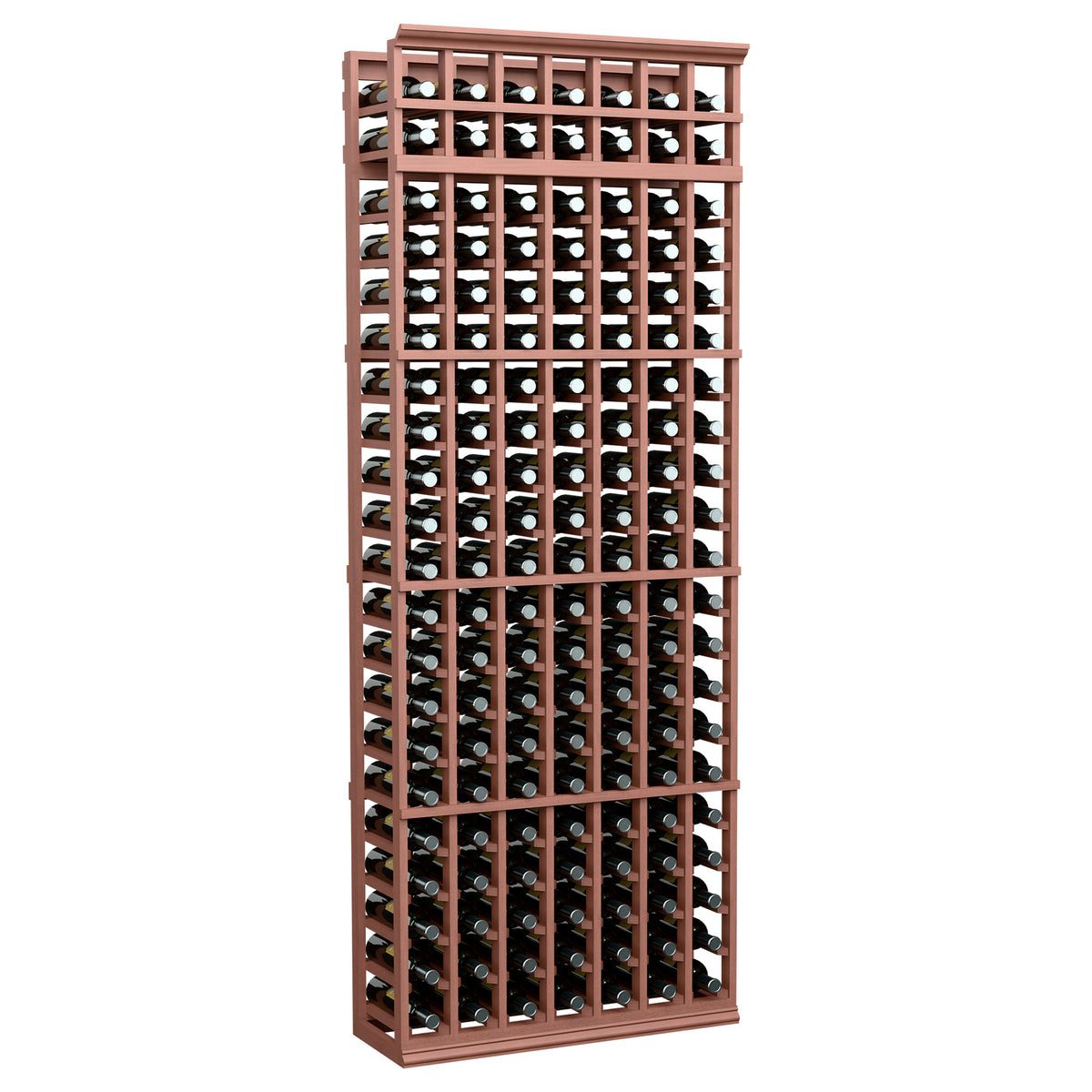 7-foot wine bottle rack with red-brown wood frame and grid bottle cubbies