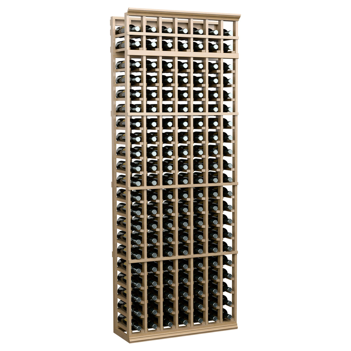 7-foot wine bottle rack with pale tan wood frame and open grid wine cubbies